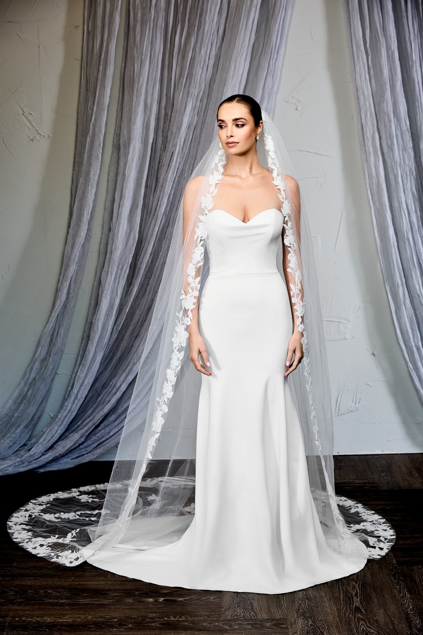 Thanks & Goodluck Style TG1131L120 Cathedral Length Veil with Tonal Beaded and Sequined Lace Appliqués