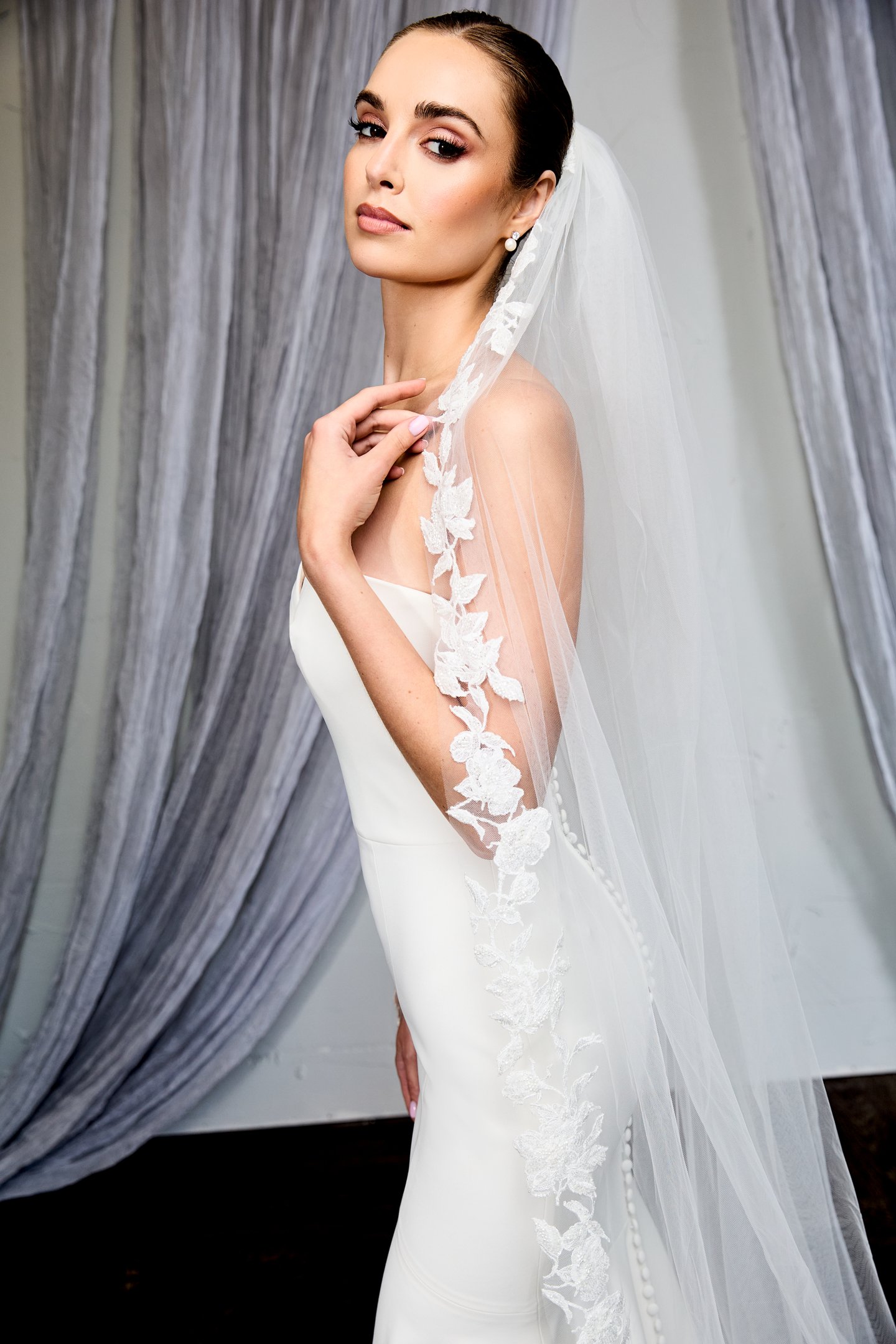 Thanks & Goodluck Style TG1131L120 Cathedral Length Veil with Tonal Beaded and Sequined Lace Appliqués