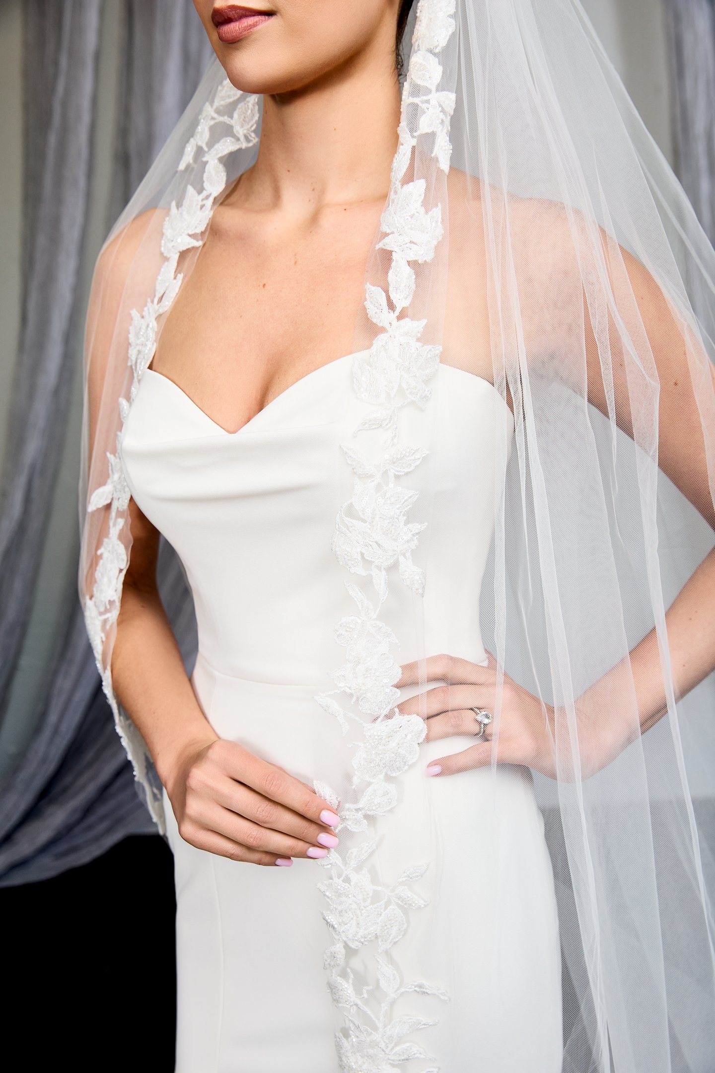Thanks & Goodluck Style TG1131L120 Cathedral Length Veil with Tonal Beaded and Sequined Lace Appliqués