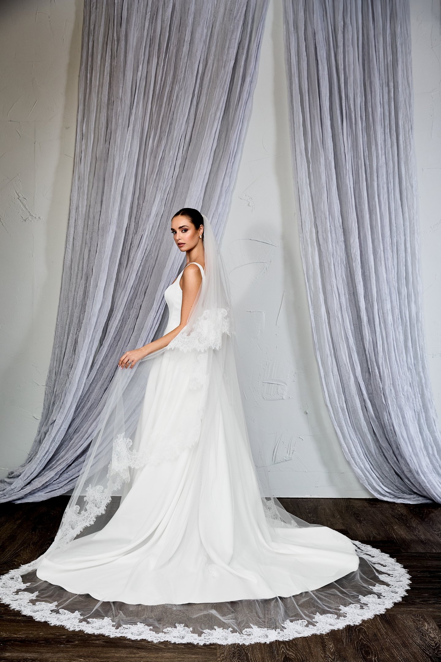 Thanks & Goodluck Style TG1132L110 Cathedral Length Veil with Corded Chantilly Lace Trim and Blusher