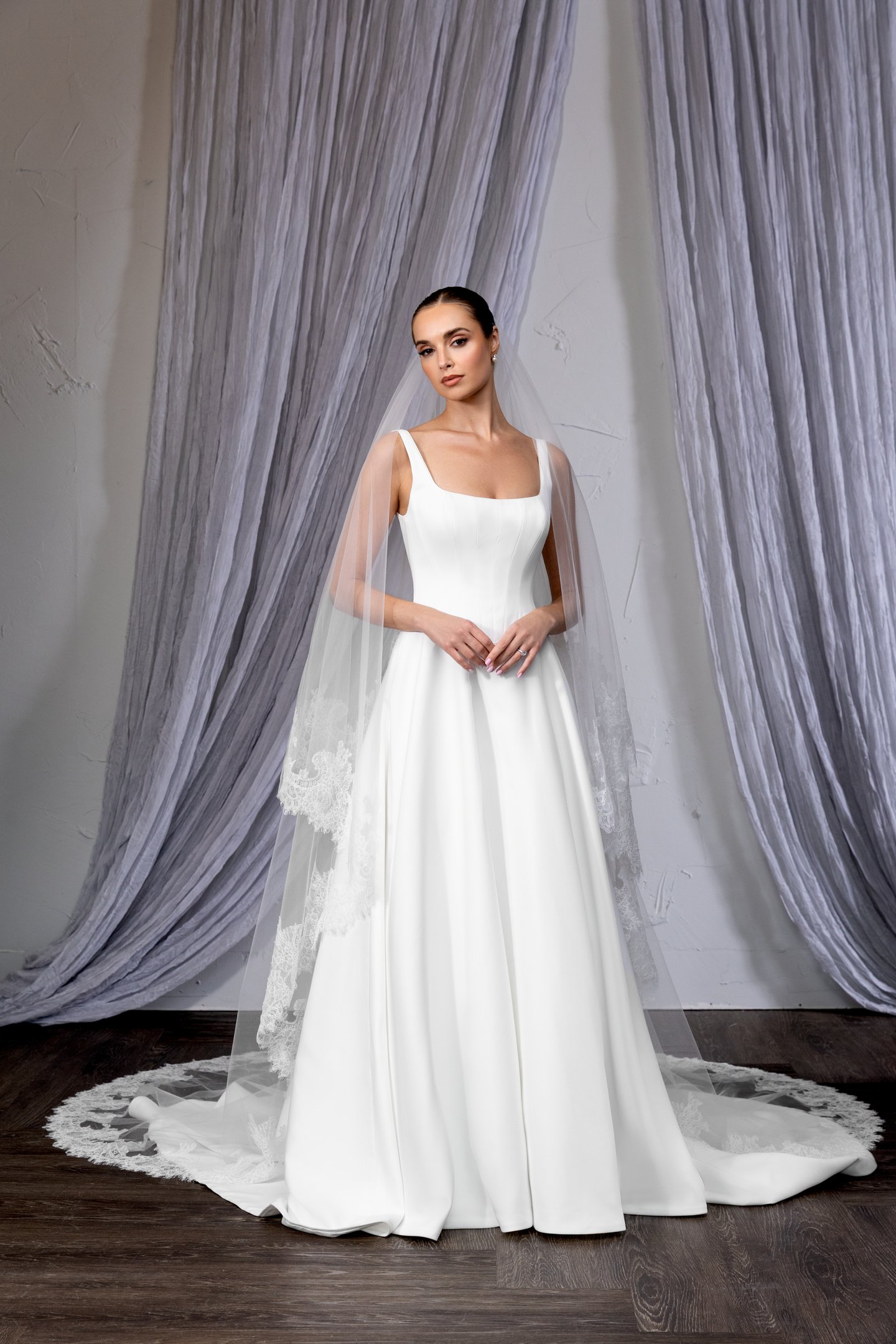 Thanks & Goodluck Style TG1132L110 Cathedral Length Veil with Corded Chantilly Lace Trim and Blusher
