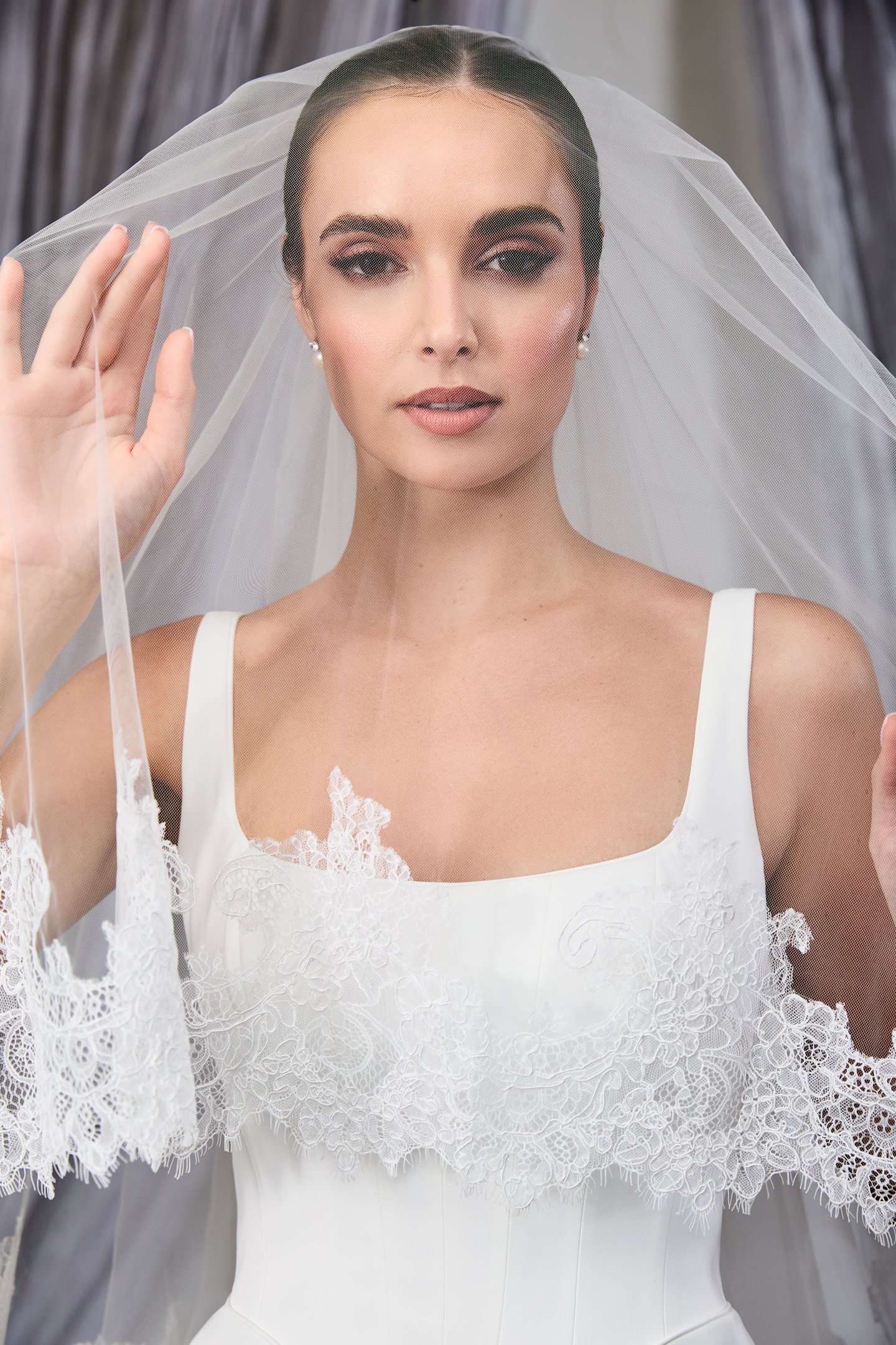 Thanks & Goodluck Style TG1132L110 Cathedral Length Veil with Corded Chantilly Lace Trim and Blusher