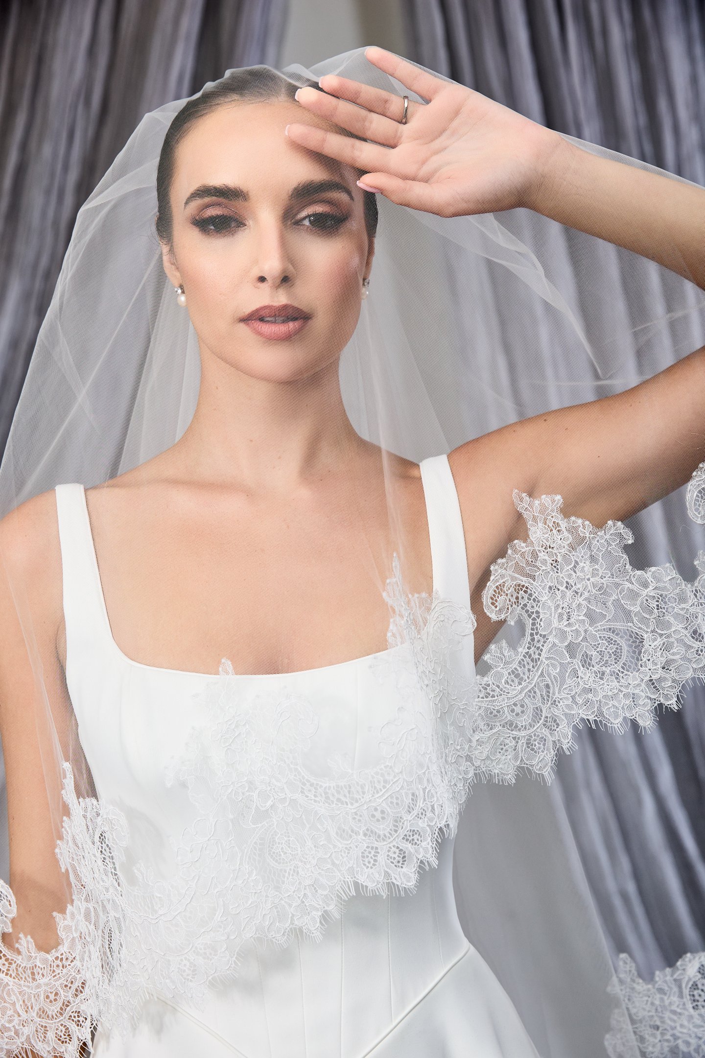 Thanks & Goodluck Style TG1132L110 Cathedral Length Veil with Corded Chantilly Lace Trim and Blusher