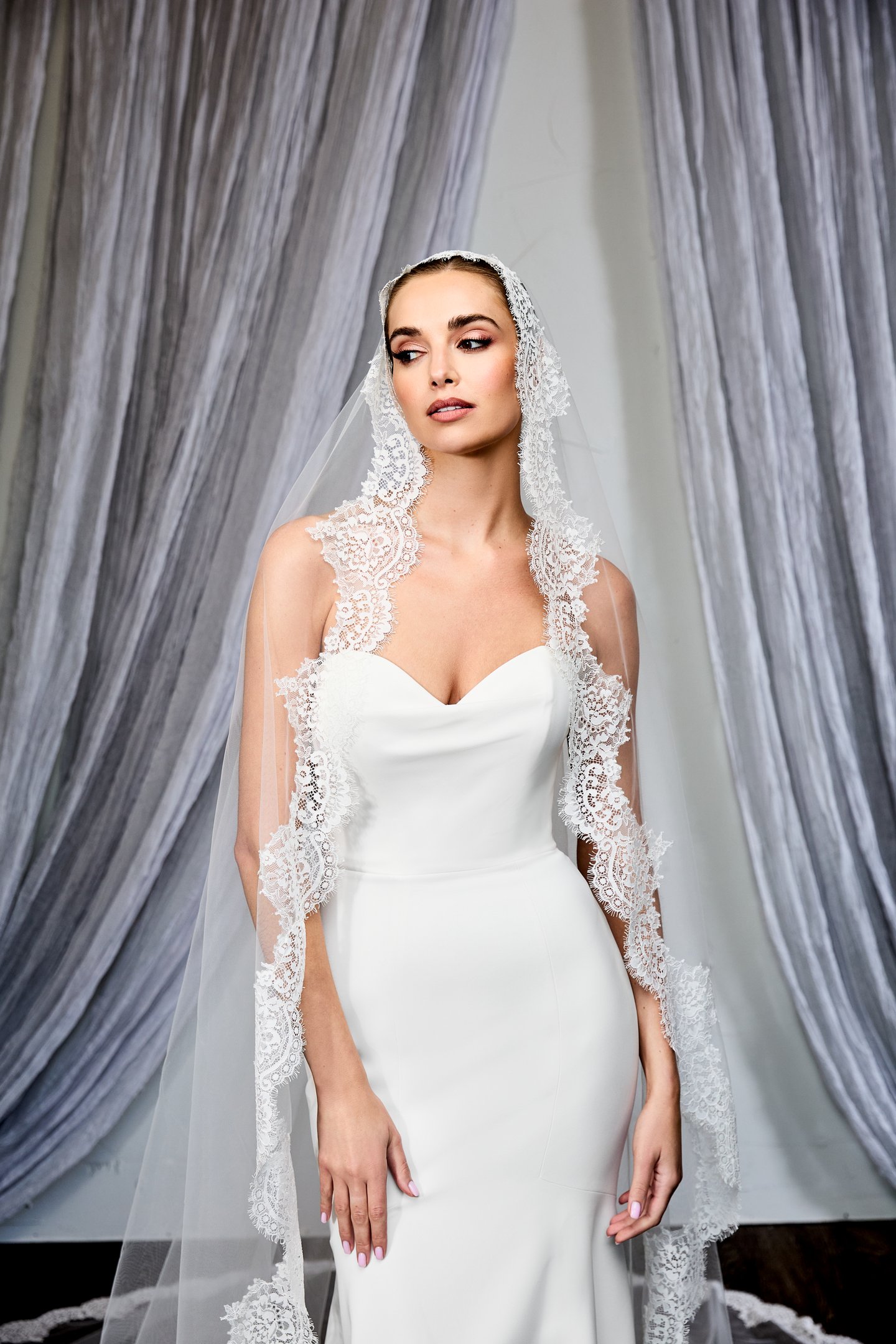 Thanks & Goodluck Style TG1133L130 Cathedral Length Mantilla Veil with Chantilly Lace Trim on Edge