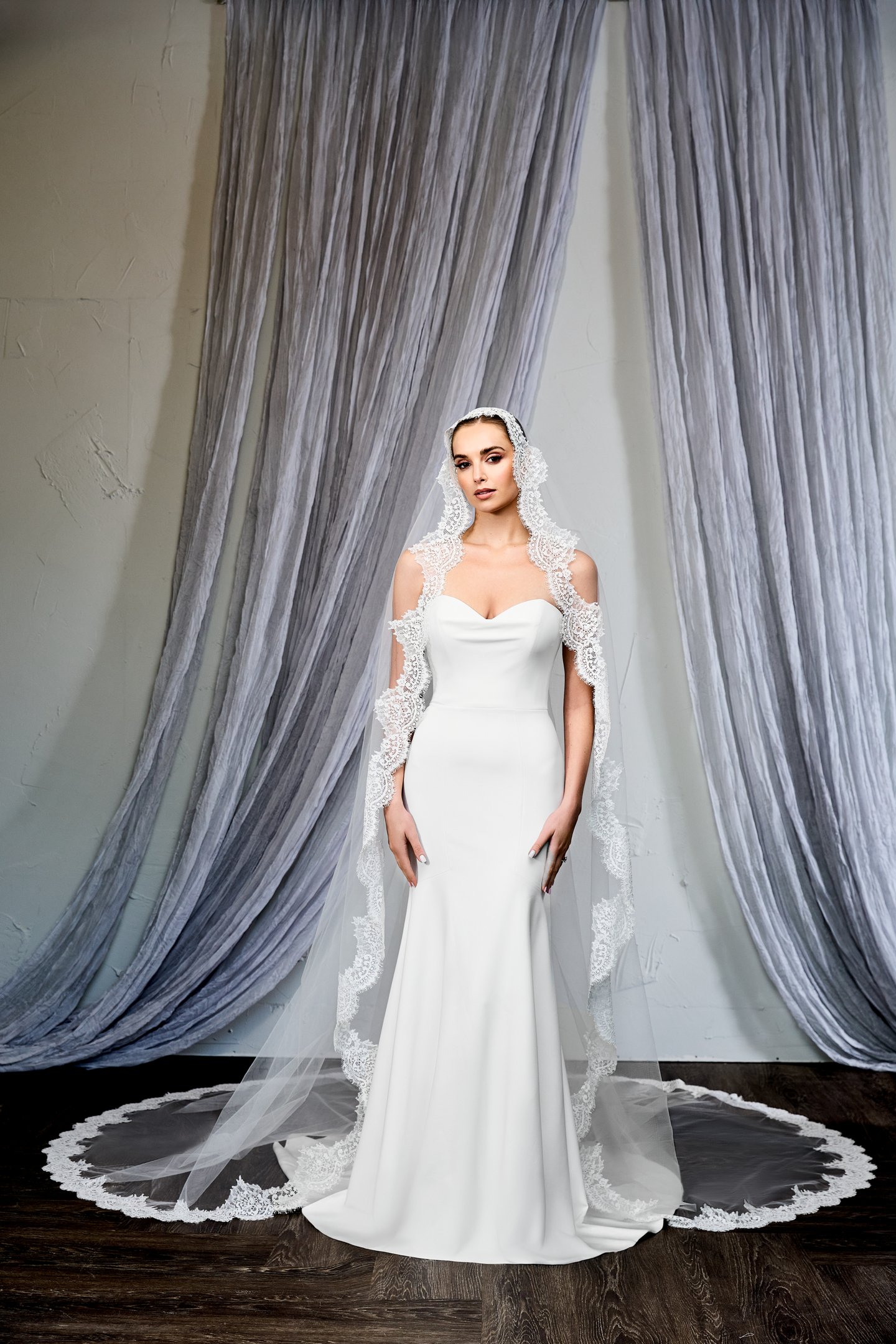 Thanks & Goodluck Style TG1133L130 Cathedral Length Mantilla Veil with Chantilly Lace Trim on Edge