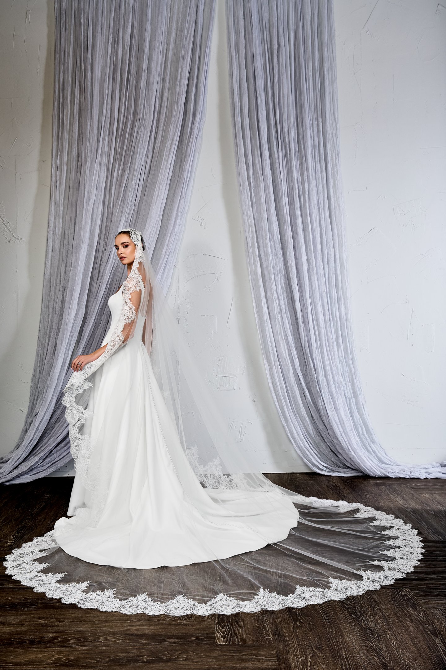 Thanks & Goodluck Style TG1134L120 Cathedral Length Mantilla Veil with a Corded Alençon Lace Trim on Edge