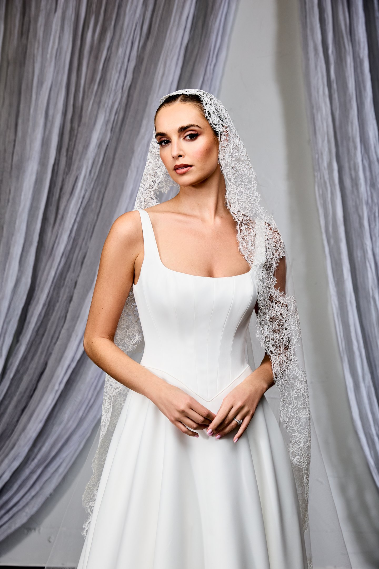 Thanks & Goodluck Style TG1134L120 Cathedral Length Mantilla Veil with a Corded Alençon Lace Trim on Edge
