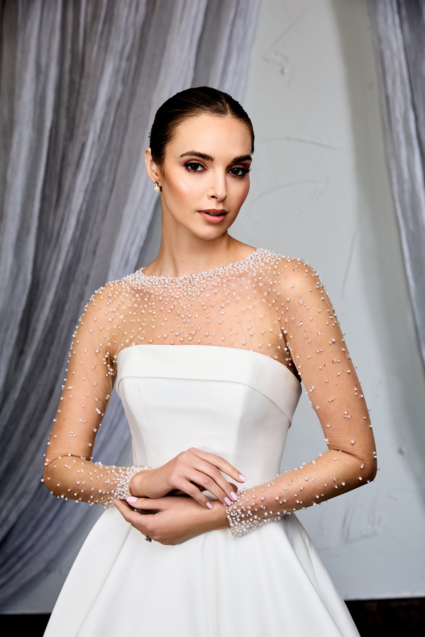 Thanks & Goodluck Style TG1139 Tulle Illusion Bodysuit with Jewel Neckline and Long Sleeves