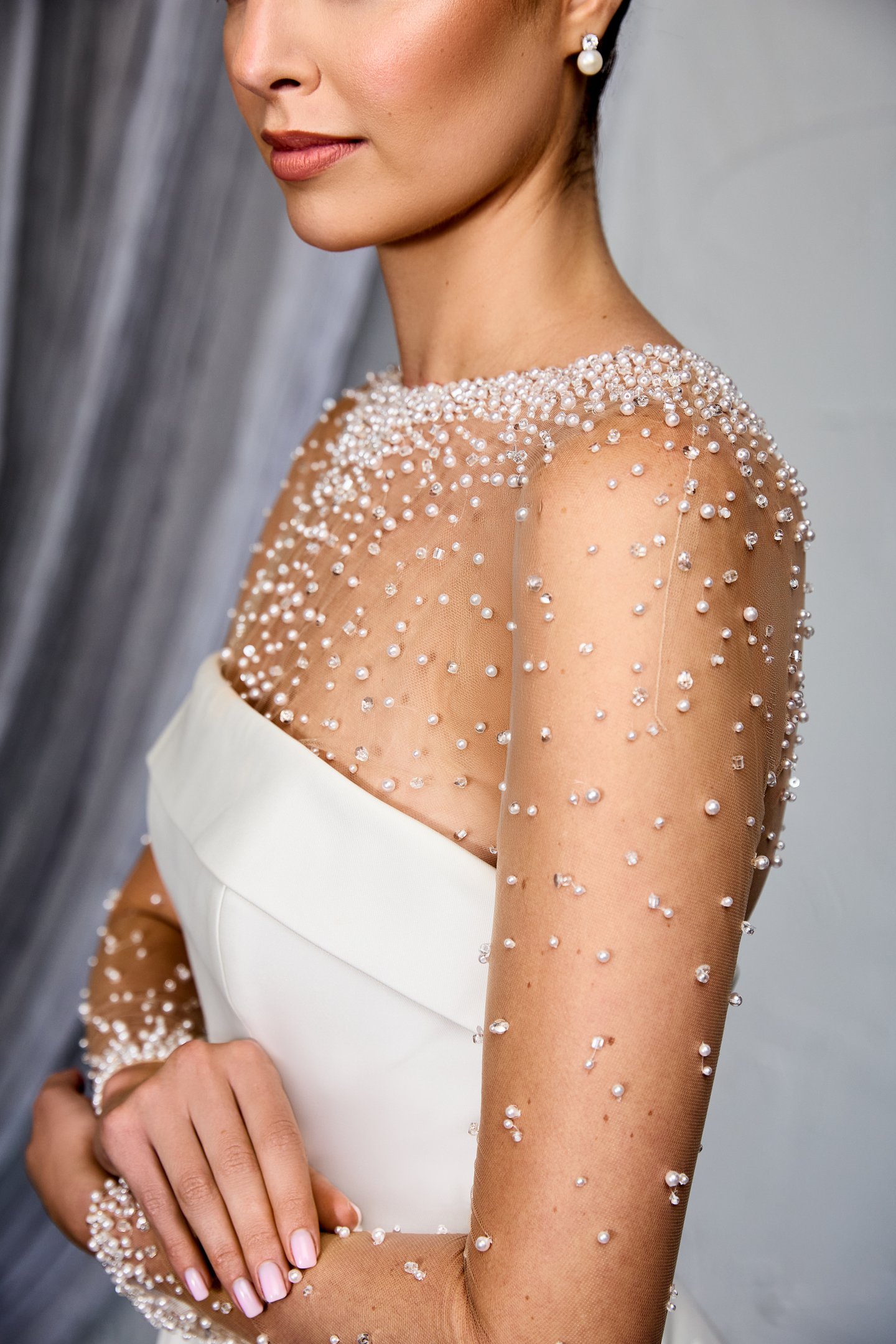 Thanks & Goodluck Style TG1139 Tulle Illusion Bodysuit with Jewel Neckline and Long Sleeves