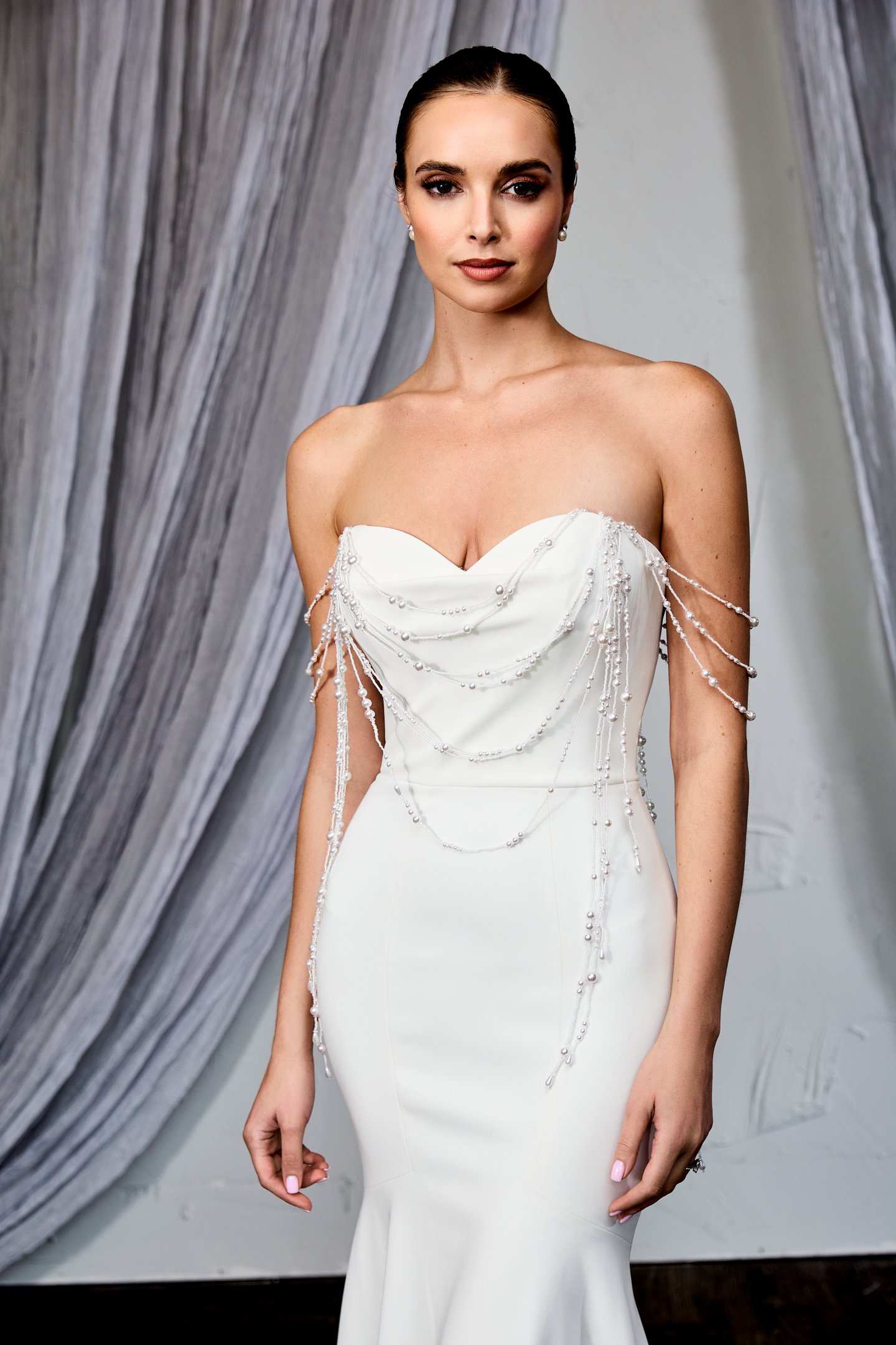 Thanks & Goodluck Style TG1140 Detachable Off-The-Shoulder Cape with Draped Pearls and Tonal Beading