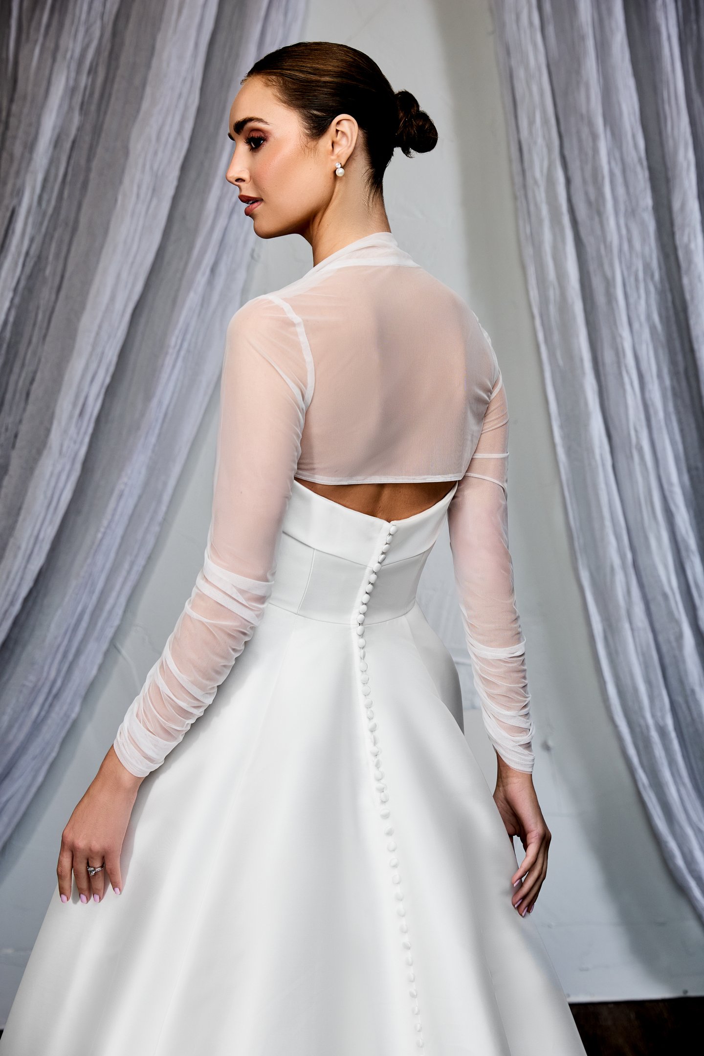 Thanks & Goodluck Style TG1148 Stretch Tulle Open Bolero with Queen Anne Neckline and Long Sleeves