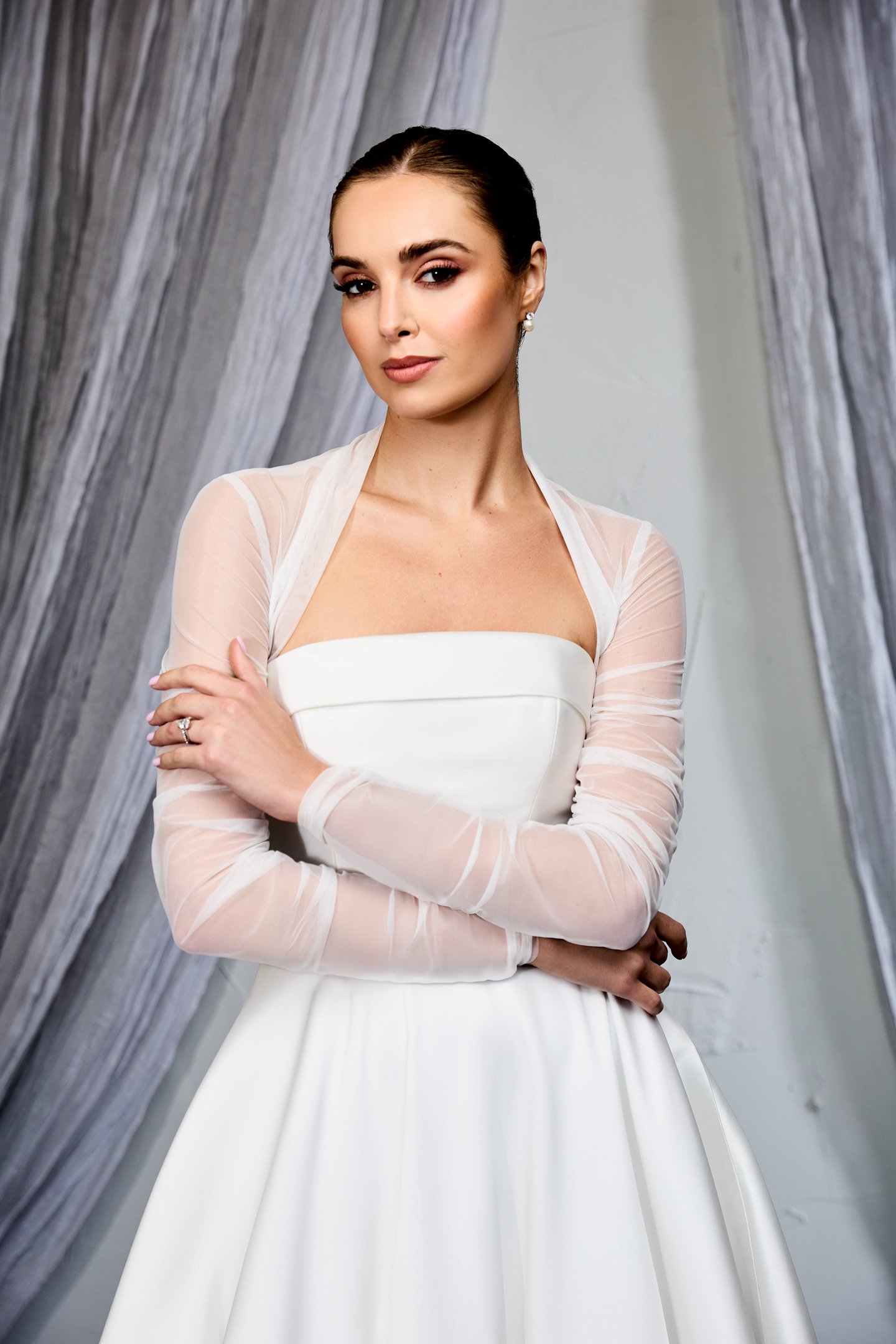 Thanks & Goodluck Style TG1148 Stretch Tulle Open Bolero with Queen Anne Neckline and Long Sleeves