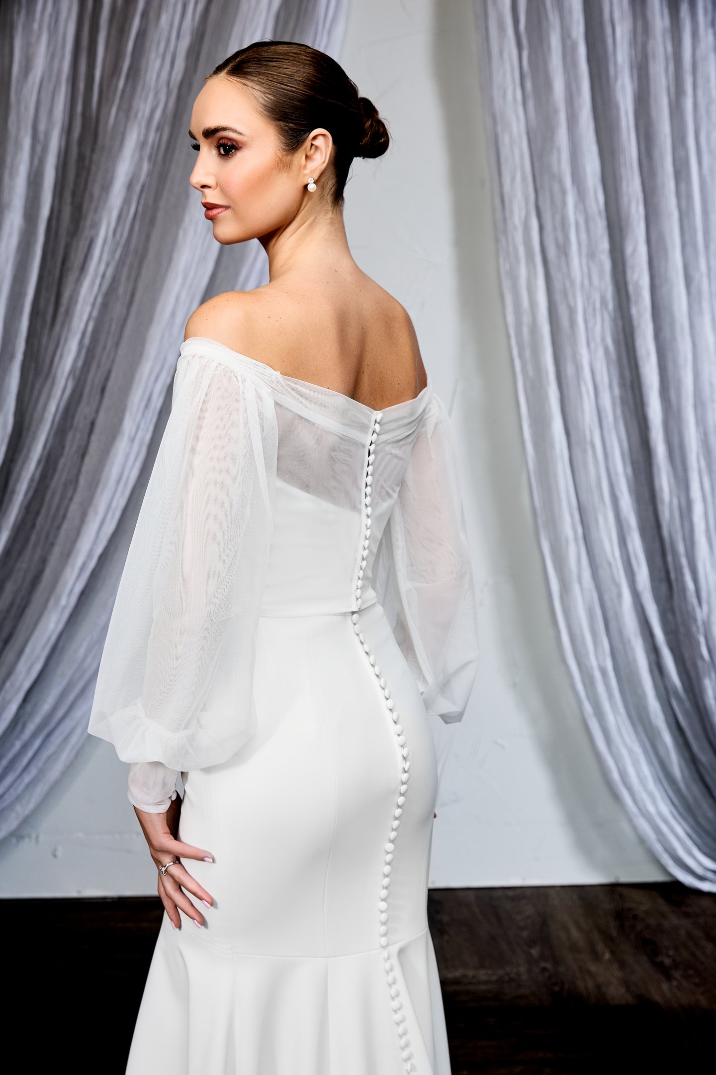 Thanks & Goodluck Style TG1149 Off-The-Shoulder Stretch Tulle Jacket with  Long Bousson Sleeves