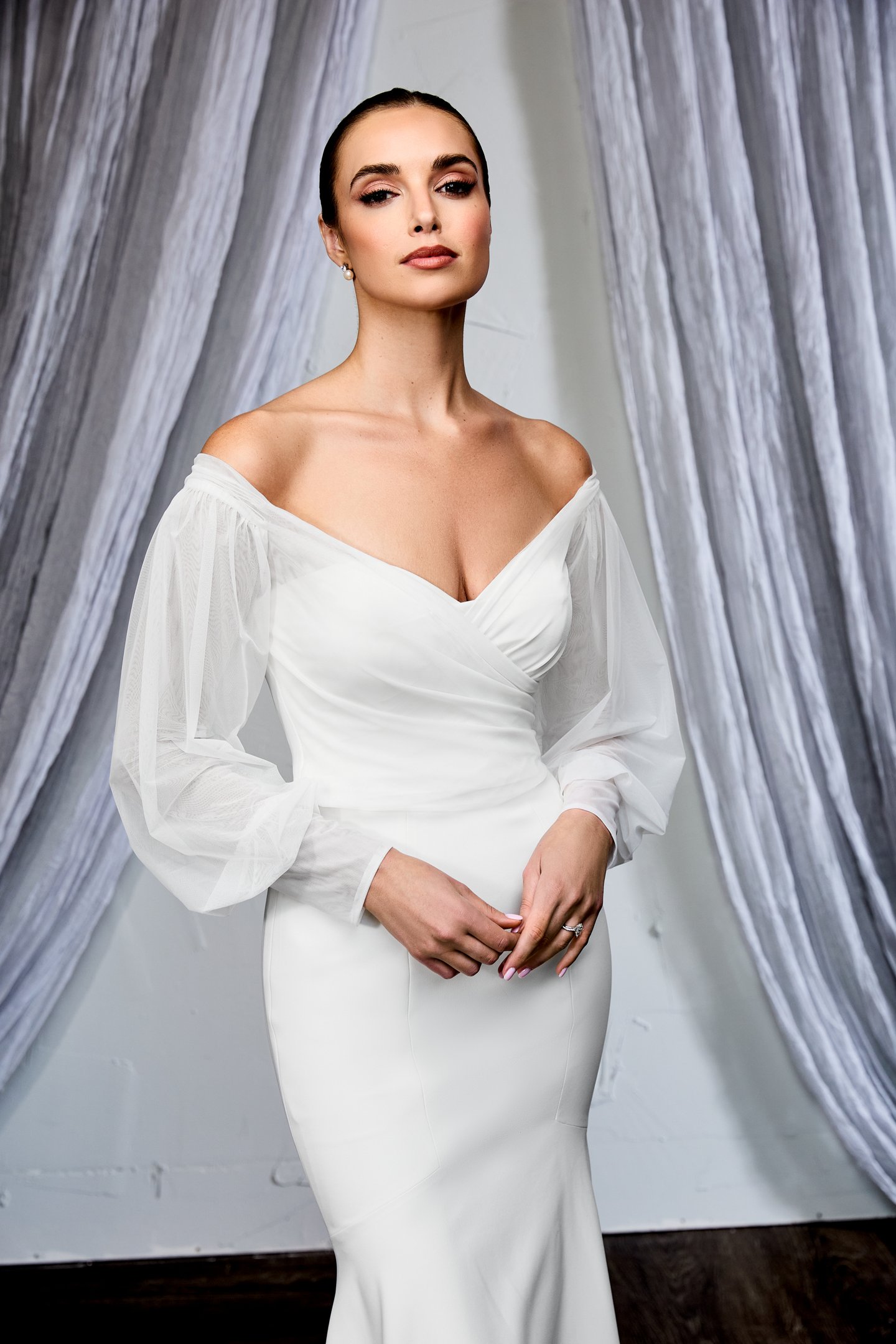 Thanks & Goodluck Style TG1149 Off-The-Shoulder Stretch Tulle Jacket with  Long Bousson Sleeves
