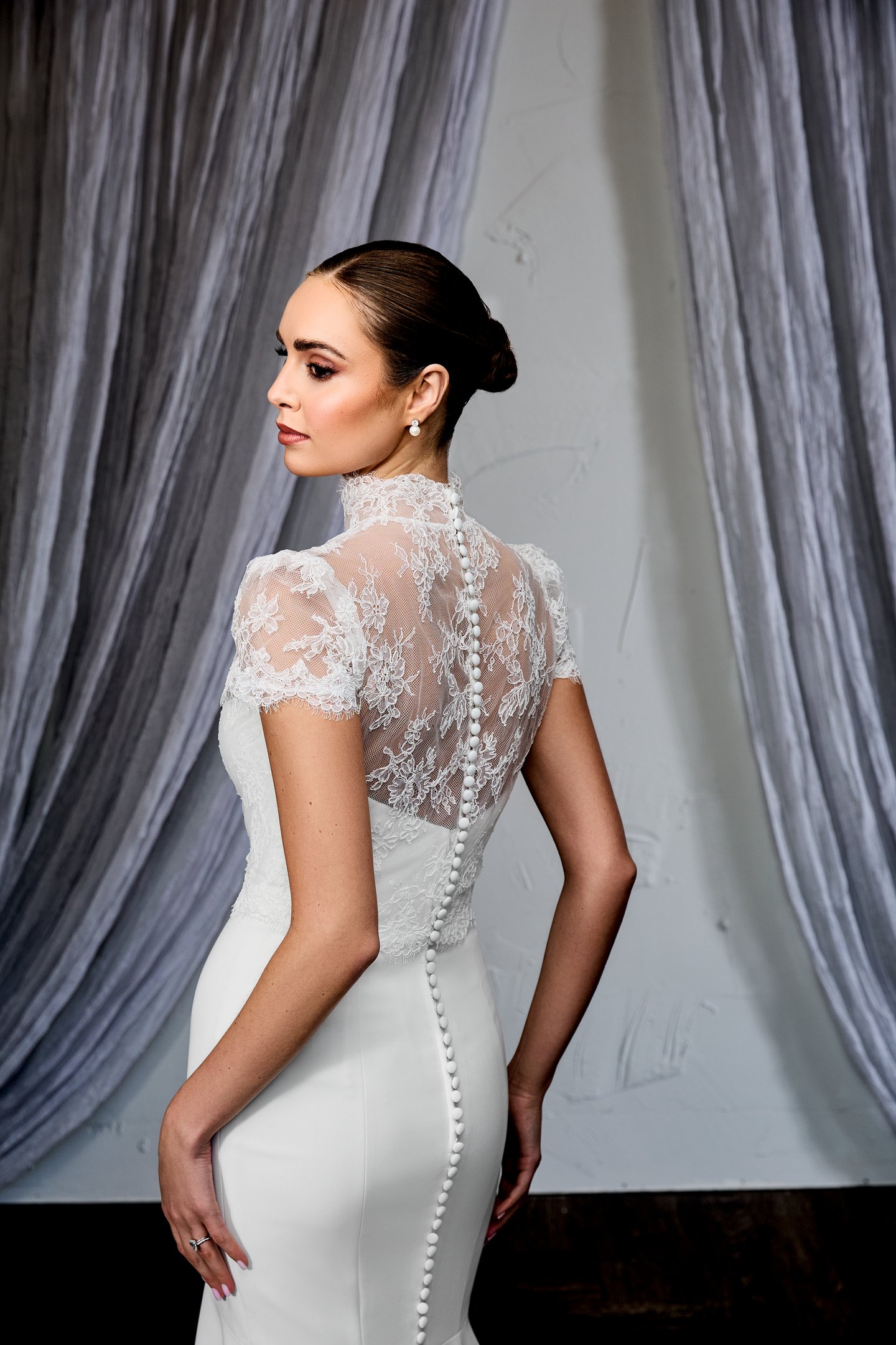 Thanks & Goodluck Style TG1151 Corded Chantilly Lace Jacket with High Neckline and Cap Sleeves