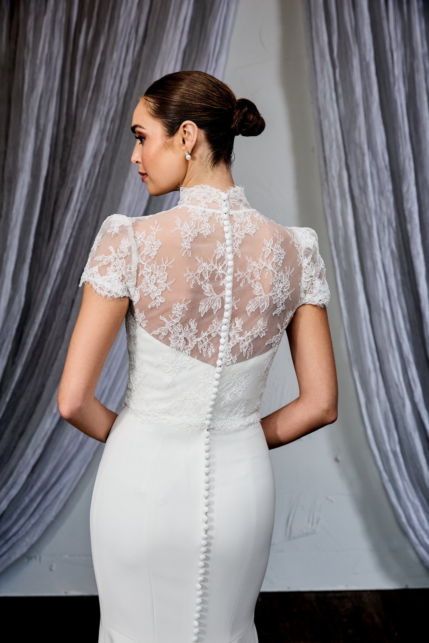 Thanks & Goodluck Style TG1151 Corded Chantilly Lace Jacket with High Neckline and Cap Sleeves
