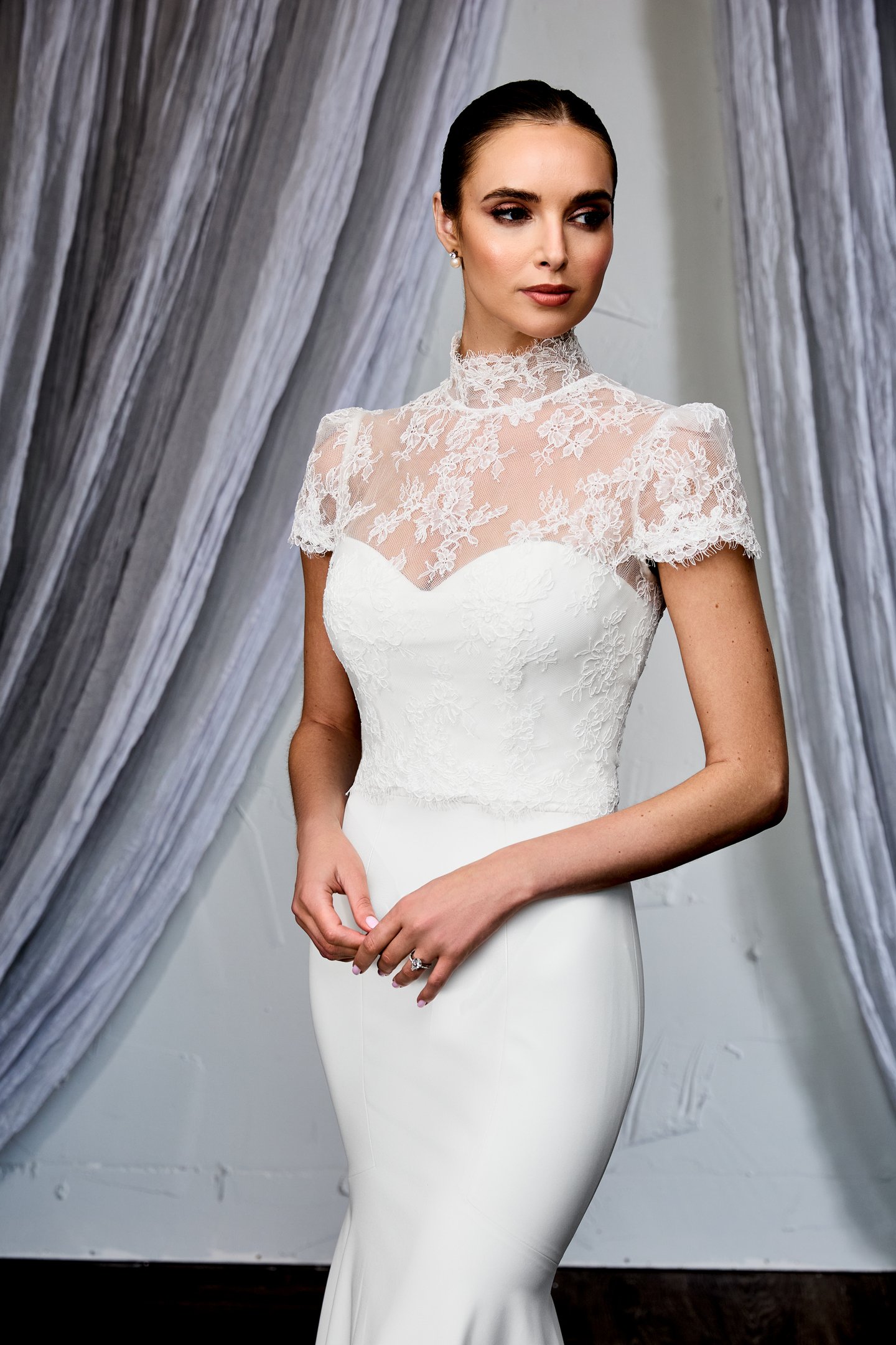 Thanks & Goodluck Style TG1151 Corded Chantilly Lace Jacket with High Neckline and Cap Sleeves