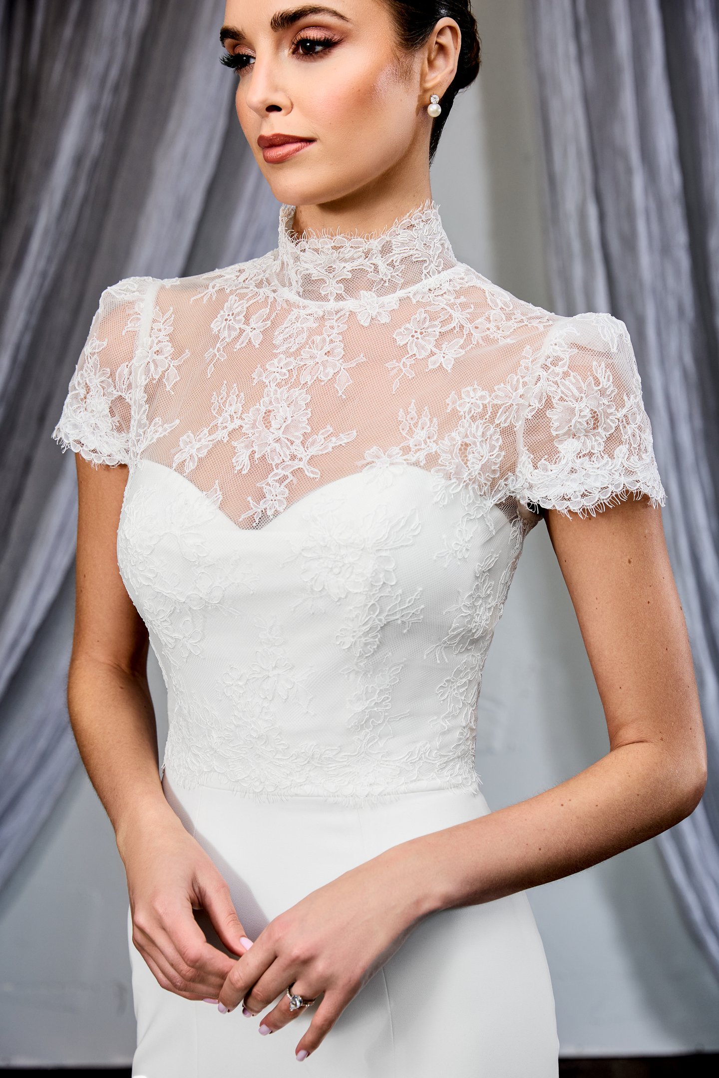 Thanks & Goodluck Style TG1151 Corded Chantilly Lace Jacket with High Neckline and Cap Sleeves