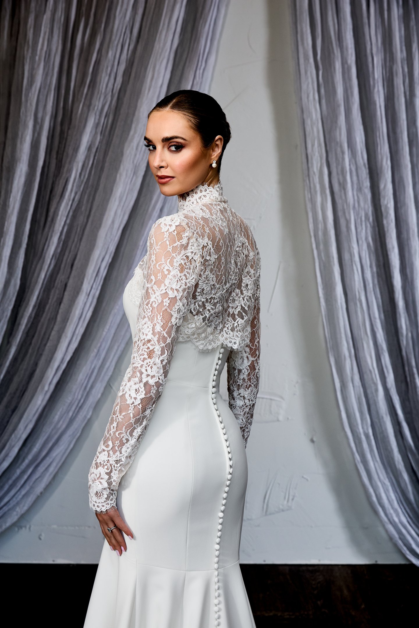 Thanks & Goodluck Style TG1152 Corded Chantilly Lace Jacket with Front Neckline Collar Closure