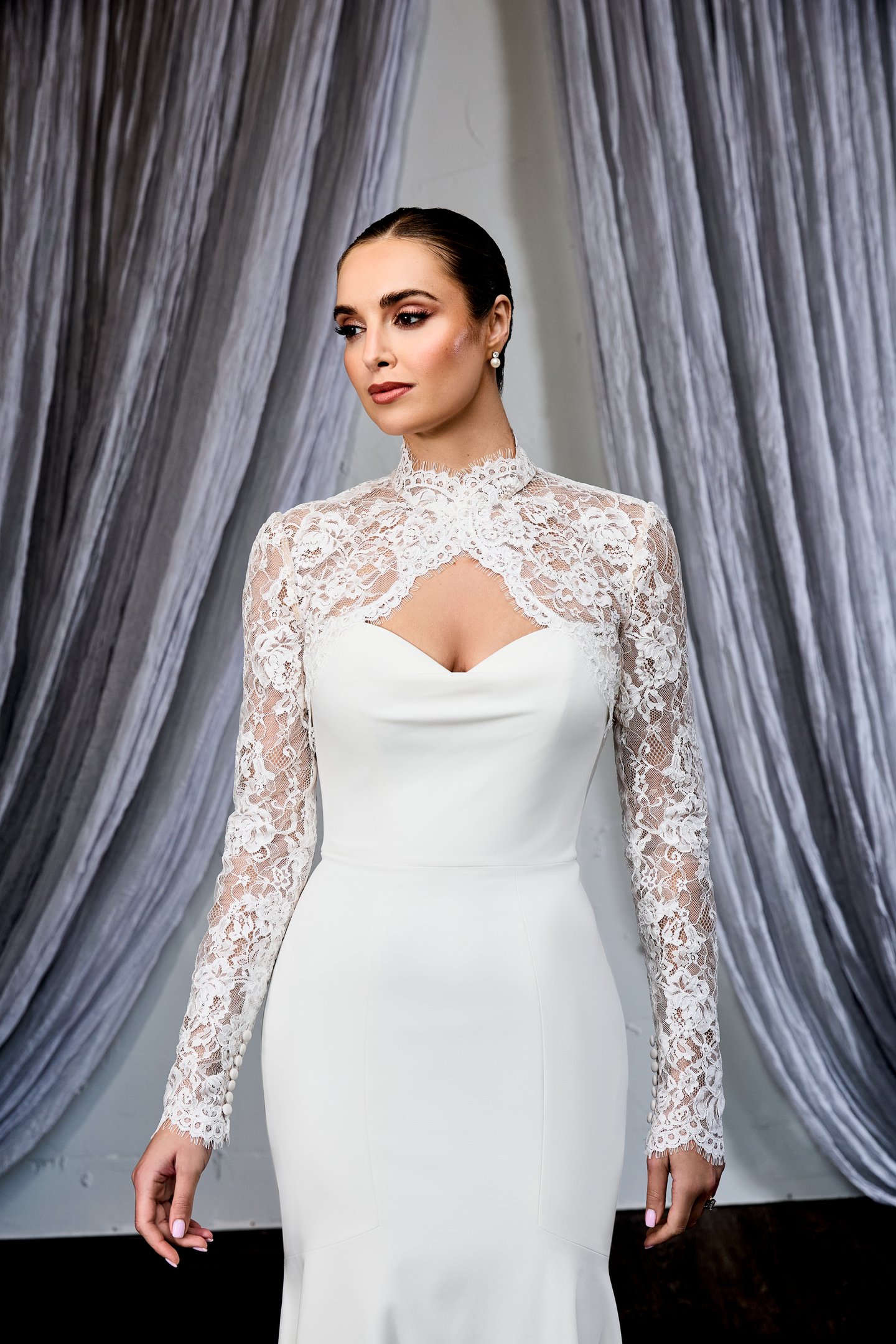 Thanks & Goodluck Style TG1152 Corded Chantilly Lace Jacket with Front Neckline Collar Closure