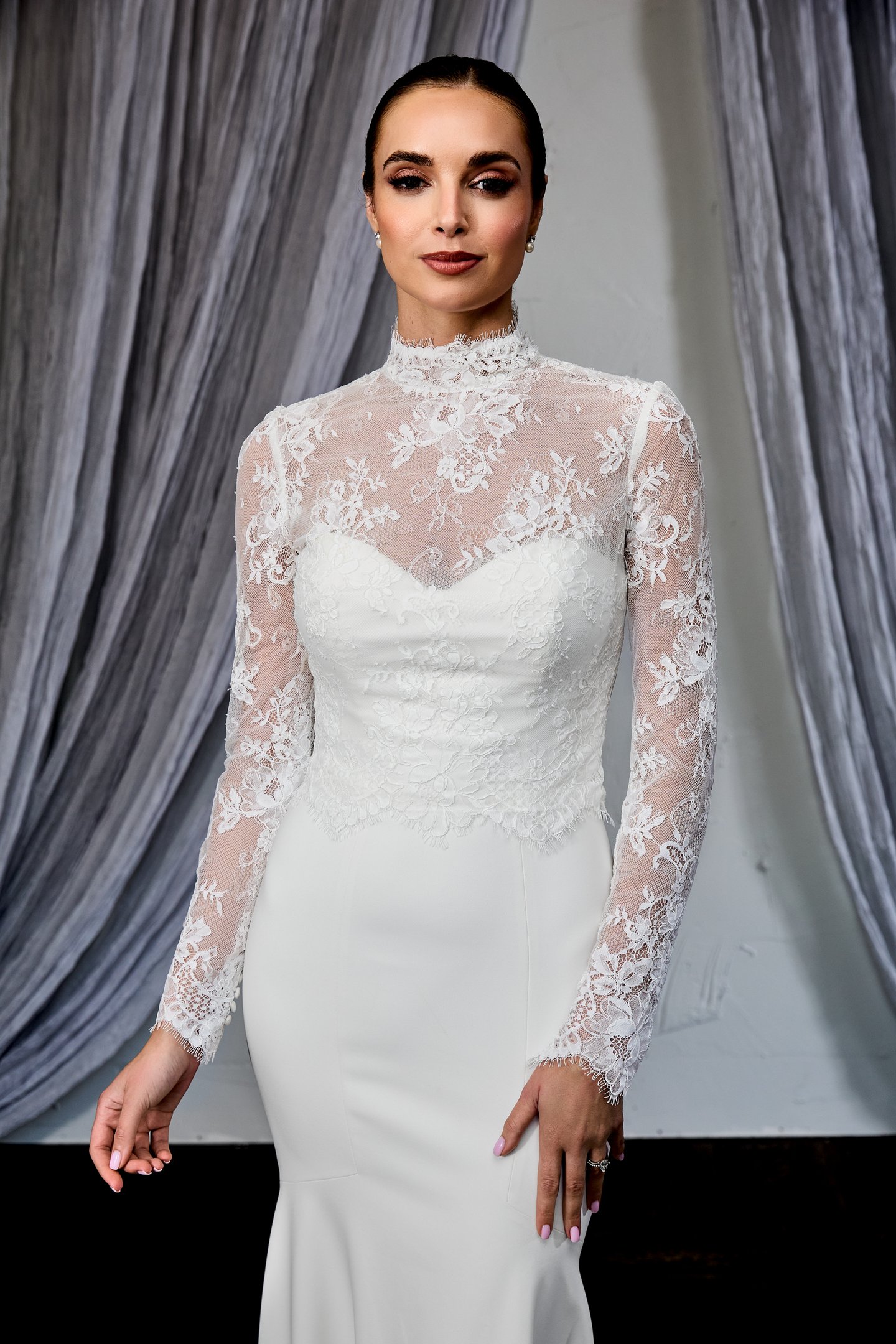 Thanks & Goodluck Style TG1153 Corded Alençon Lace Jacket with High Neckline and Long Sleeves