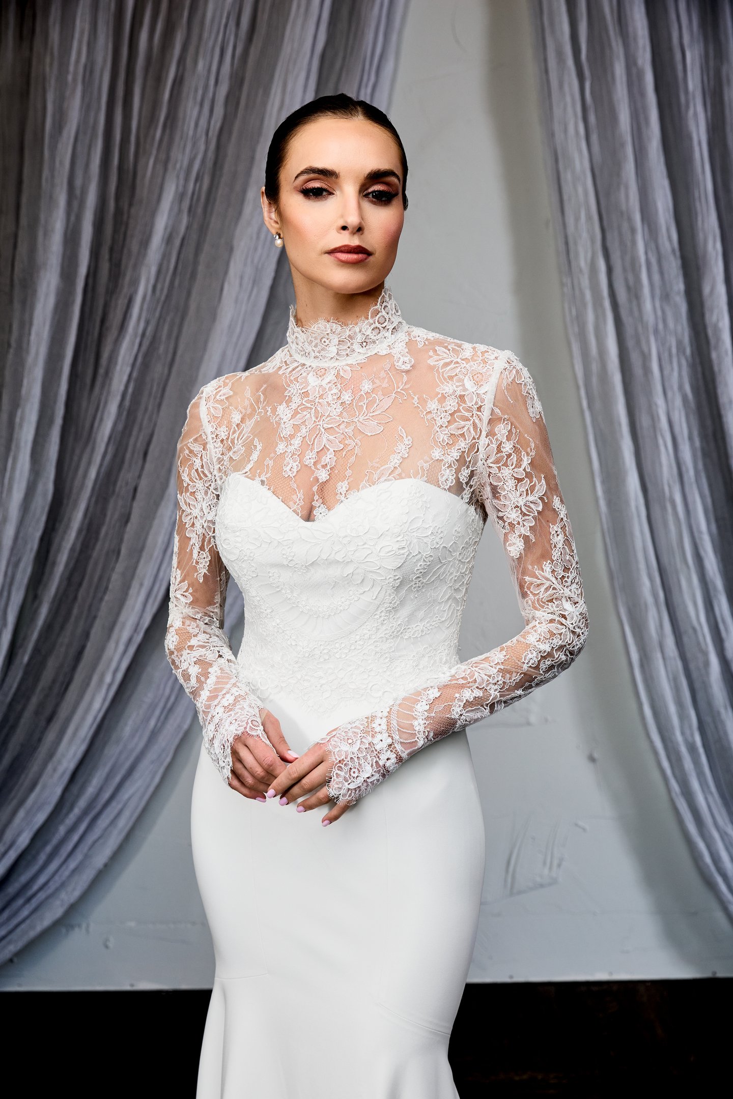 Thanks & Goodluck Style TG1154 Chantilly Lace Jacket with High Collar Neckline and Long Sleeves