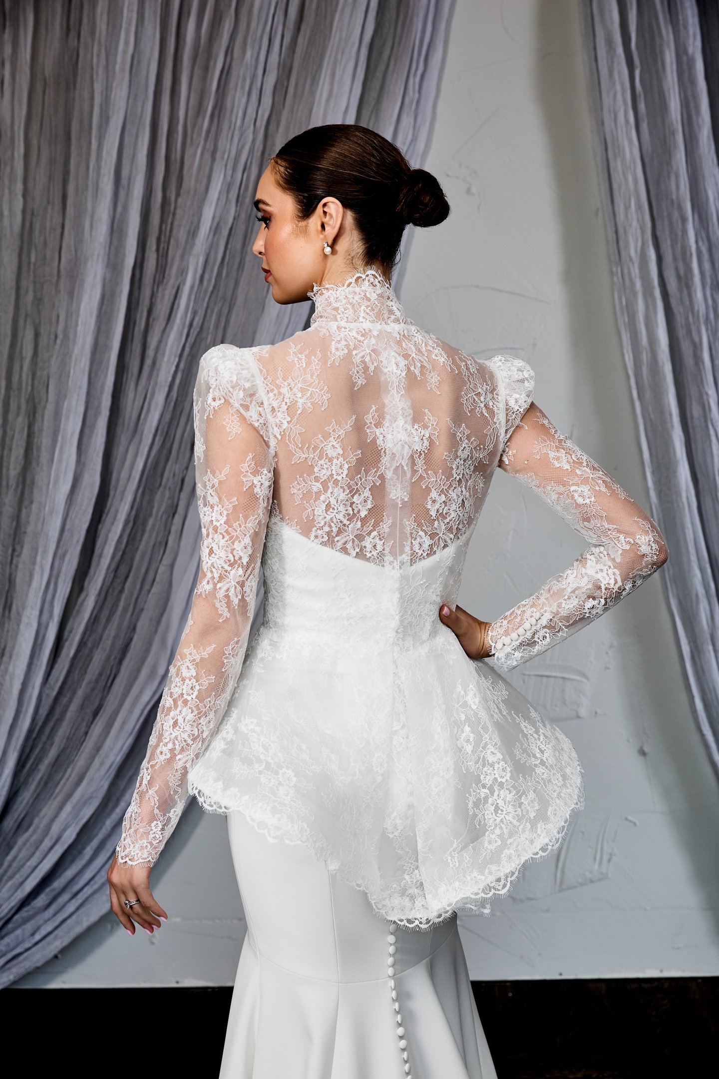 Thanks & Goodluck Style TG1155 Allover Chantilly Lace Jacket with Mandarin Neckline and Peplum Waist
