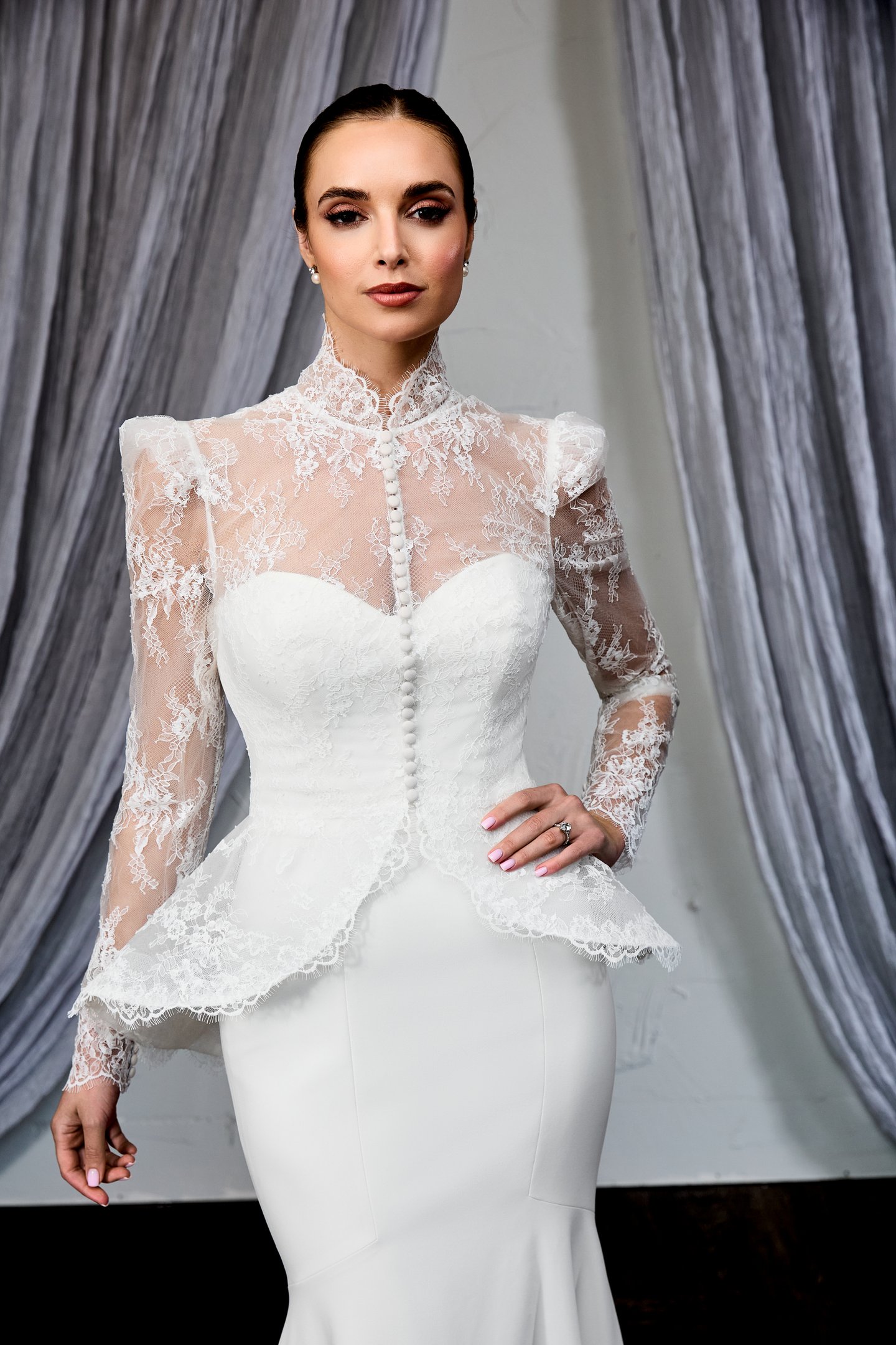 Thanks & Goodluck Style TG1155 Allover Chantilly Lace Jacket with Mandarin Neckline and Peplum Waist