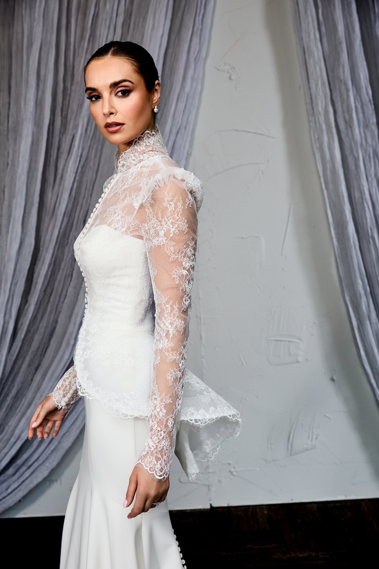 Thanks & Goodluck Style TG1155 Allover Chantilly Lace Jacket with Mandarin Neckline and Peplum Waist