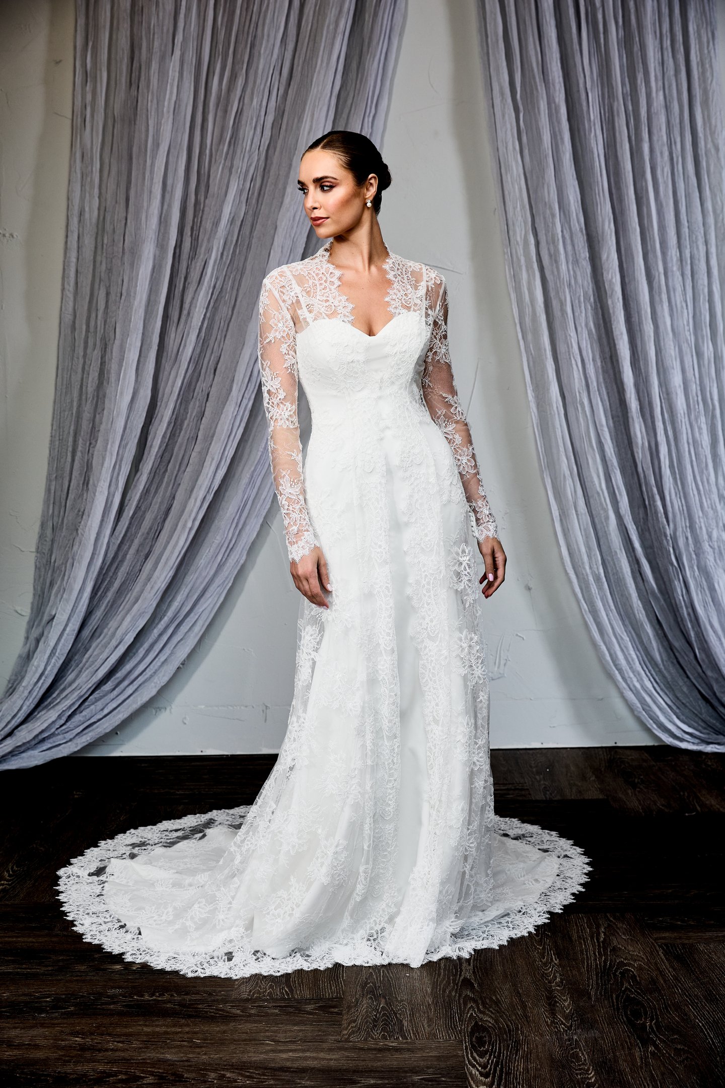 Thanks & Goodluck Style TG1156 Allover Chantilly Lace Robe Style Jacket with Chapel Length Train