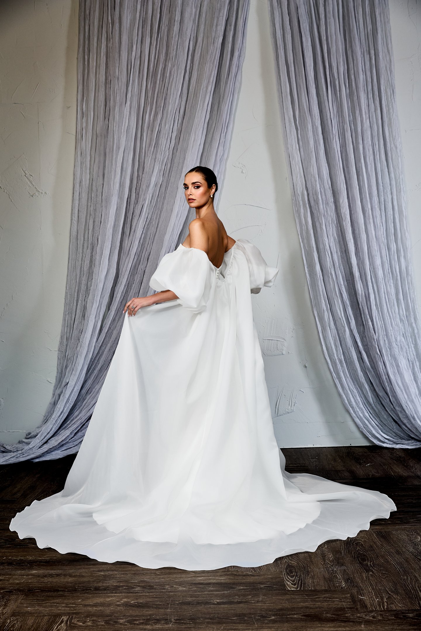 Thanks & Goodluck Style TG1157 Off-The-Shoulder Organdy Cape with Puff Sleeves & Chapel Length Train