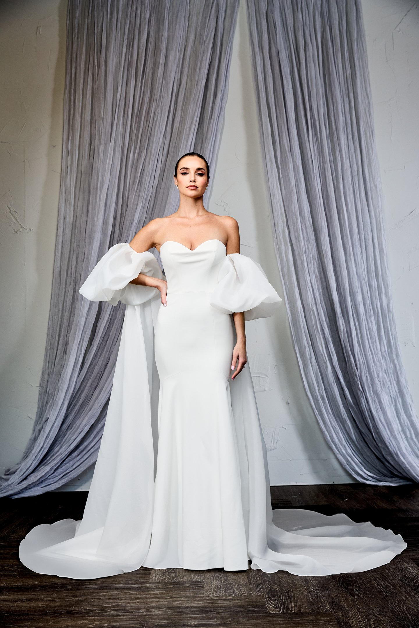 Thanks & Goodluck Style TG1157 Off-The-Shoulder Organdy Cape with Puff Sleeves & Chapel Length Train
