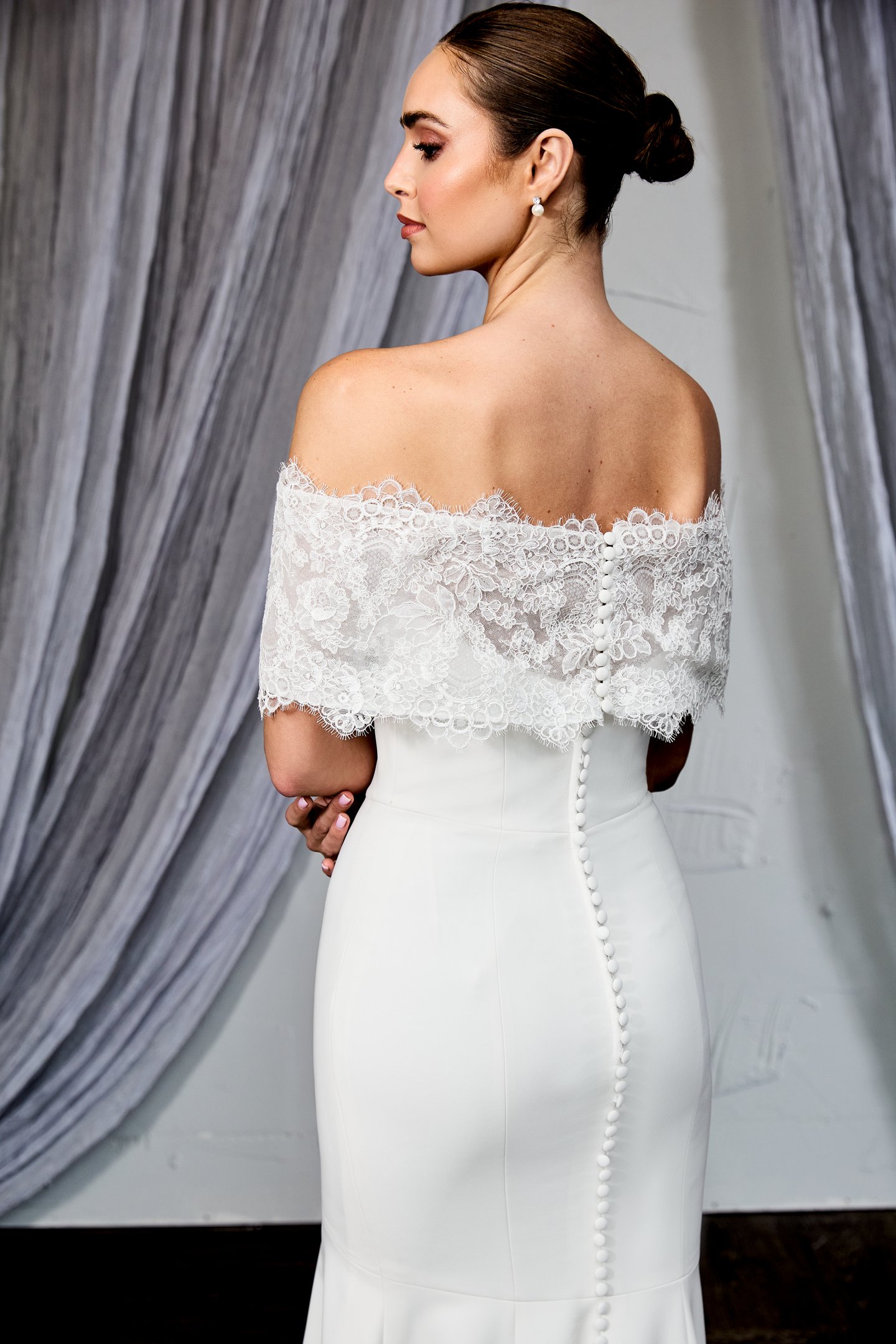Thanks & Goodluck Style TG1158 Off-The-Shoulder Alencon Lace Cape with Back Button Closure