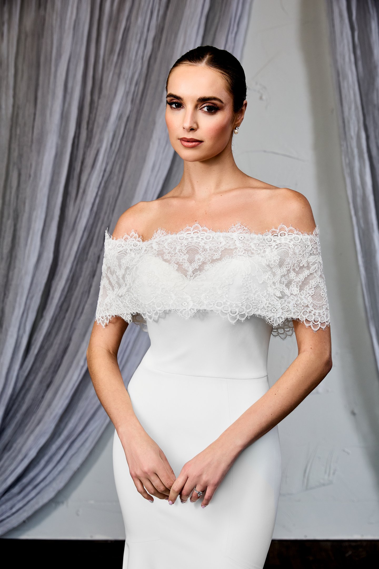 Thanks & Goodluck Style TG1158 Off-The-Shoulder Alencon Lace Cape with Back Button Closure
