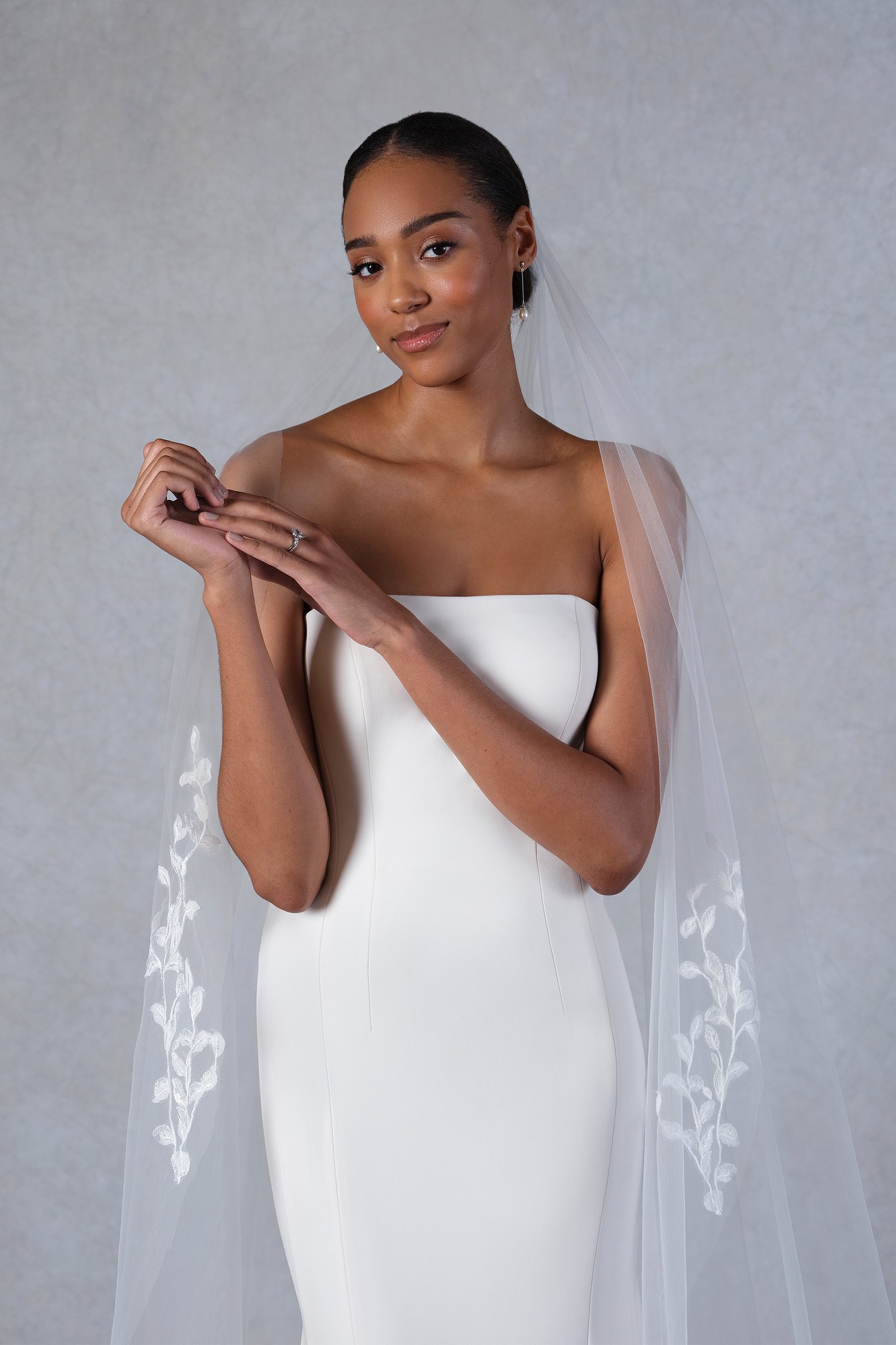 Thanks & Goodluck Style TG1032L120 Cathedral Length Veil with Lace Appliqués and 3D Chiffon Petals