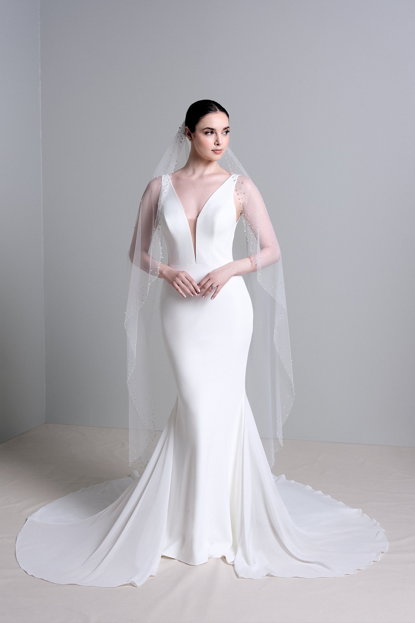 Thanks & Goodluck Style TG1069L060 Waltz Length Veil Adorned with Scattered Pearl Details