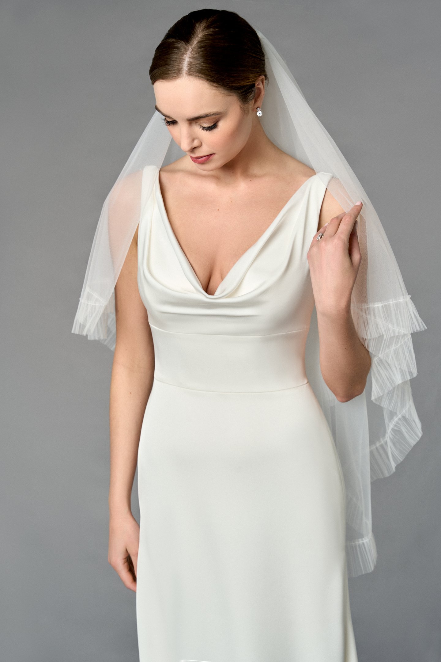 Thanks & Goodluck Style TG1105L037 Fingertip Length Tulle Veil with Ruffle Tulle Edge and Blusher