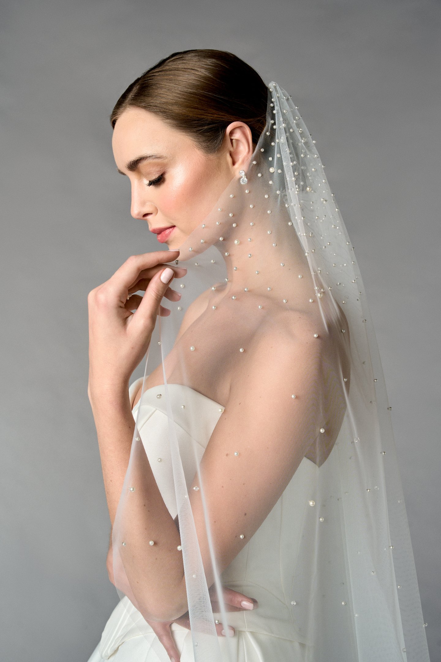 Thanks & Goodluck Style TG1108L060 Waltz Length Tulle Veil with Scattered Graduate Pearls