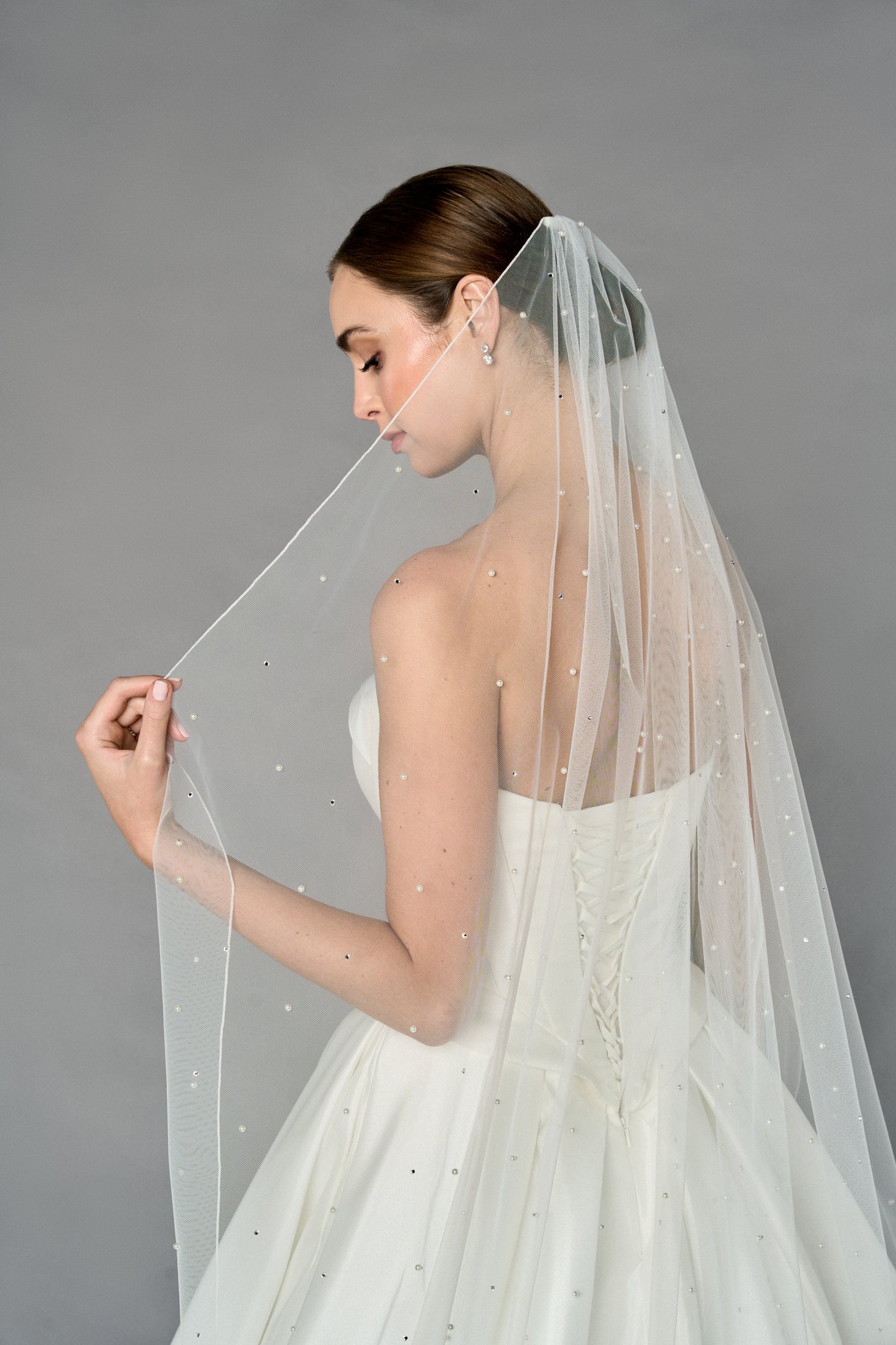 Thanks & Goodluck Style TG1109L060 Waltz Length Tulle Veil with Pearls, Rhinestones & Rolled Edge