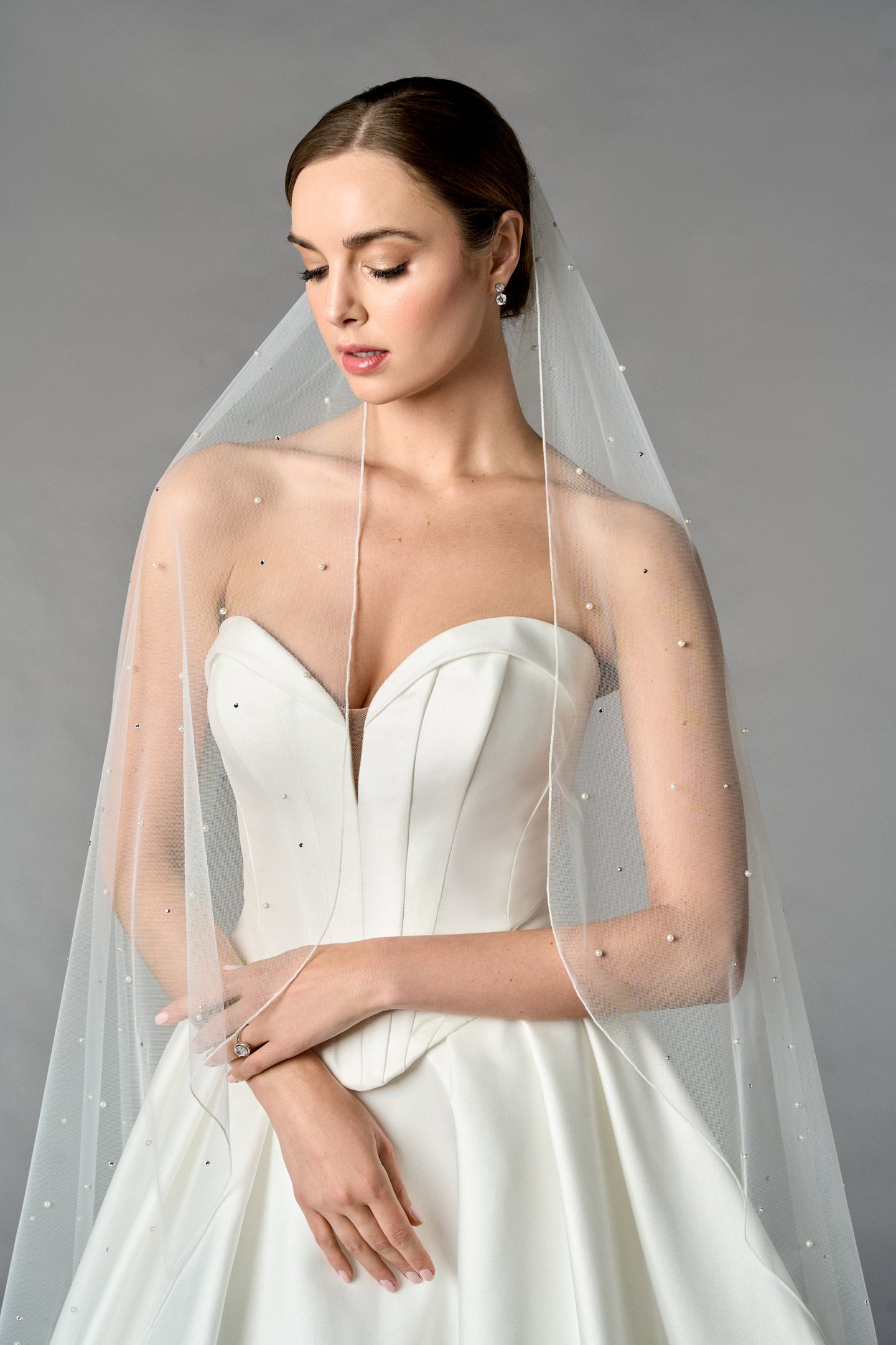 Thanks & Goodluck Style TG1109L060 Waltz Length Tulle Veil with Pearls, Rhinestones & Rolled Edge