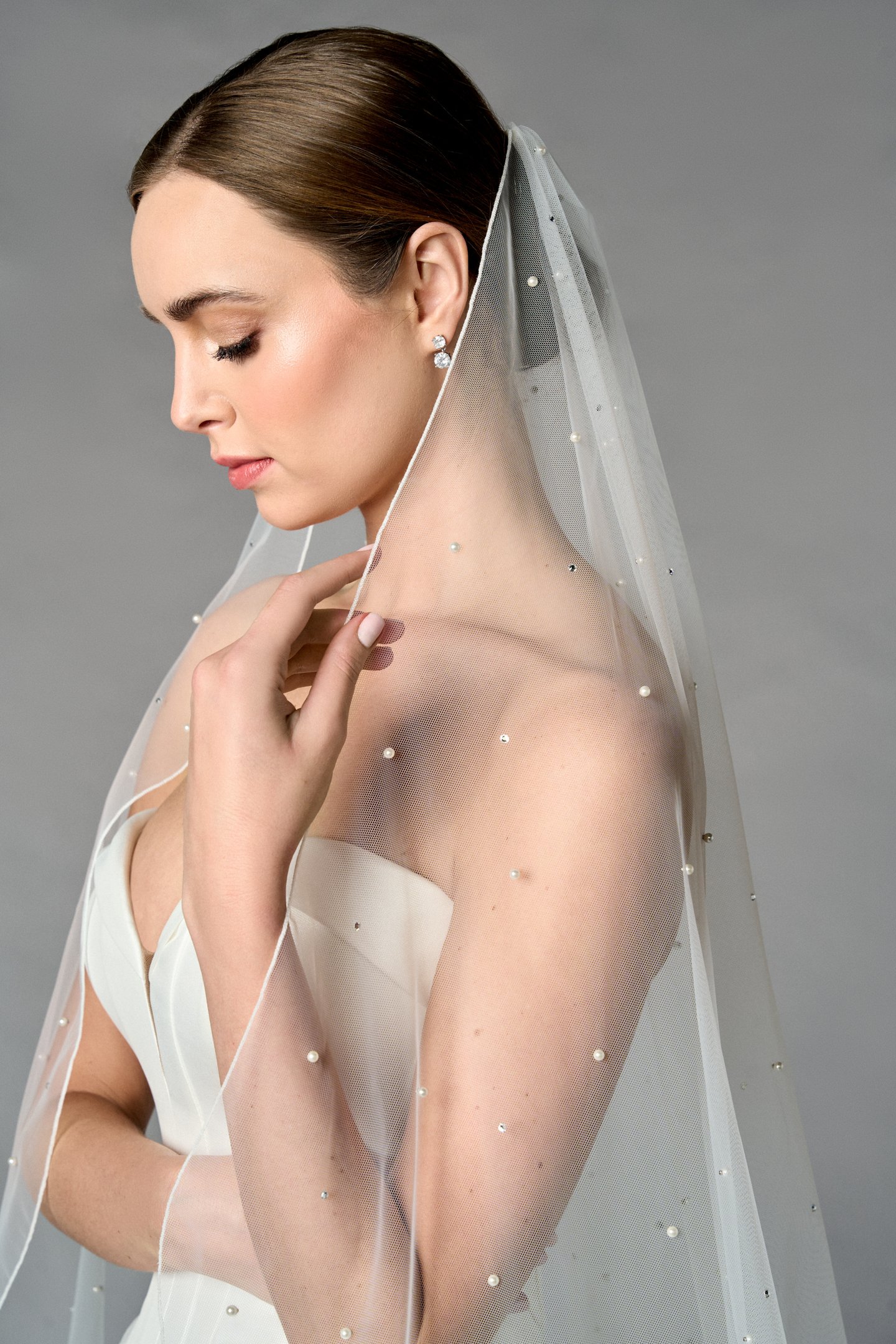 Thanks & Goodluck Style TG1109L060 Waltz Length Tulle Veil with Pearls, Rhinestones & Rolled Edge