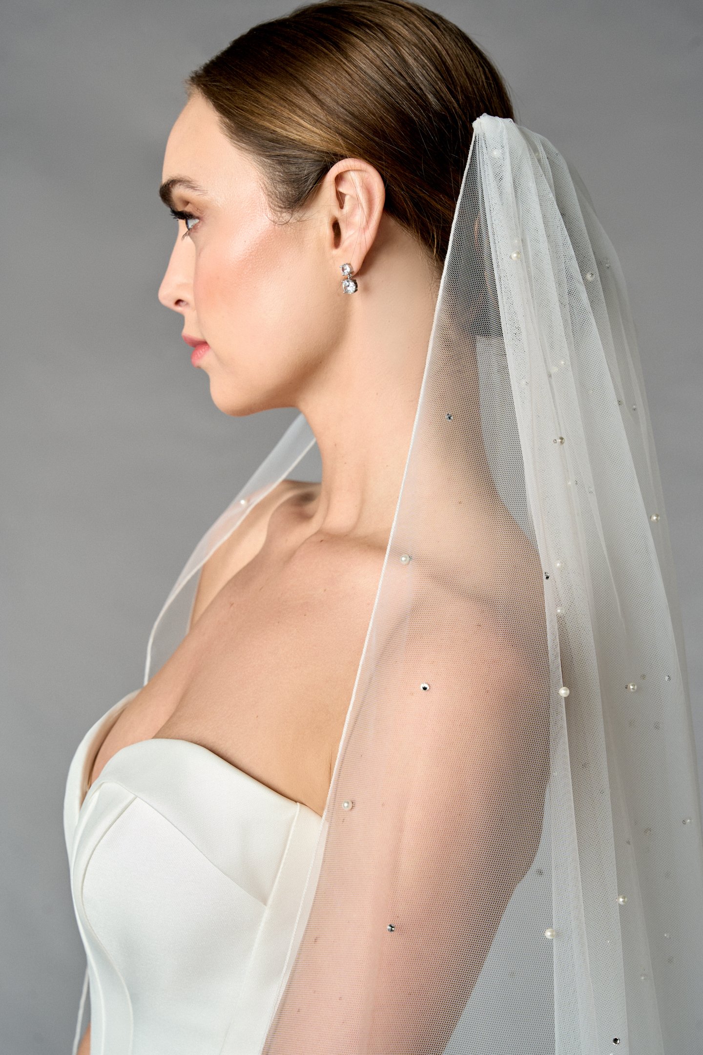 Thanks & Goodluck Style TG1109L110 Cathedral Length Tulle Veil with Pearls, Rhinestones & Rolled Edge