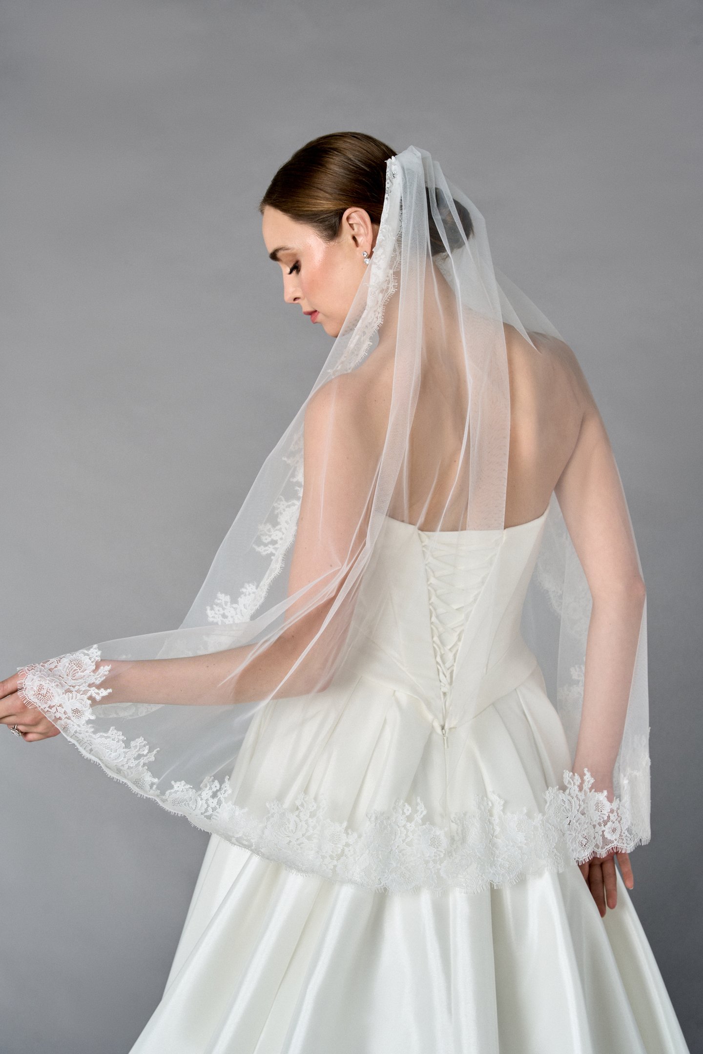Thanks & Goodluck Style TG1110L037 Fingertip Length Tulle Veil with Chantilly Lace Edge and Eyelash Trim
