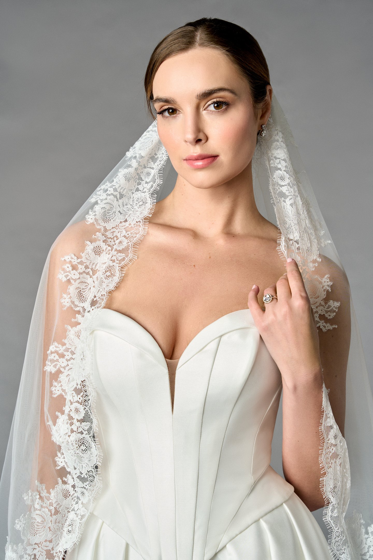 Thanks & Goodluck Style TG1110L037 Fingertip Length Tulle Veil with Chantilly Lace Edge and Eyelash Trim