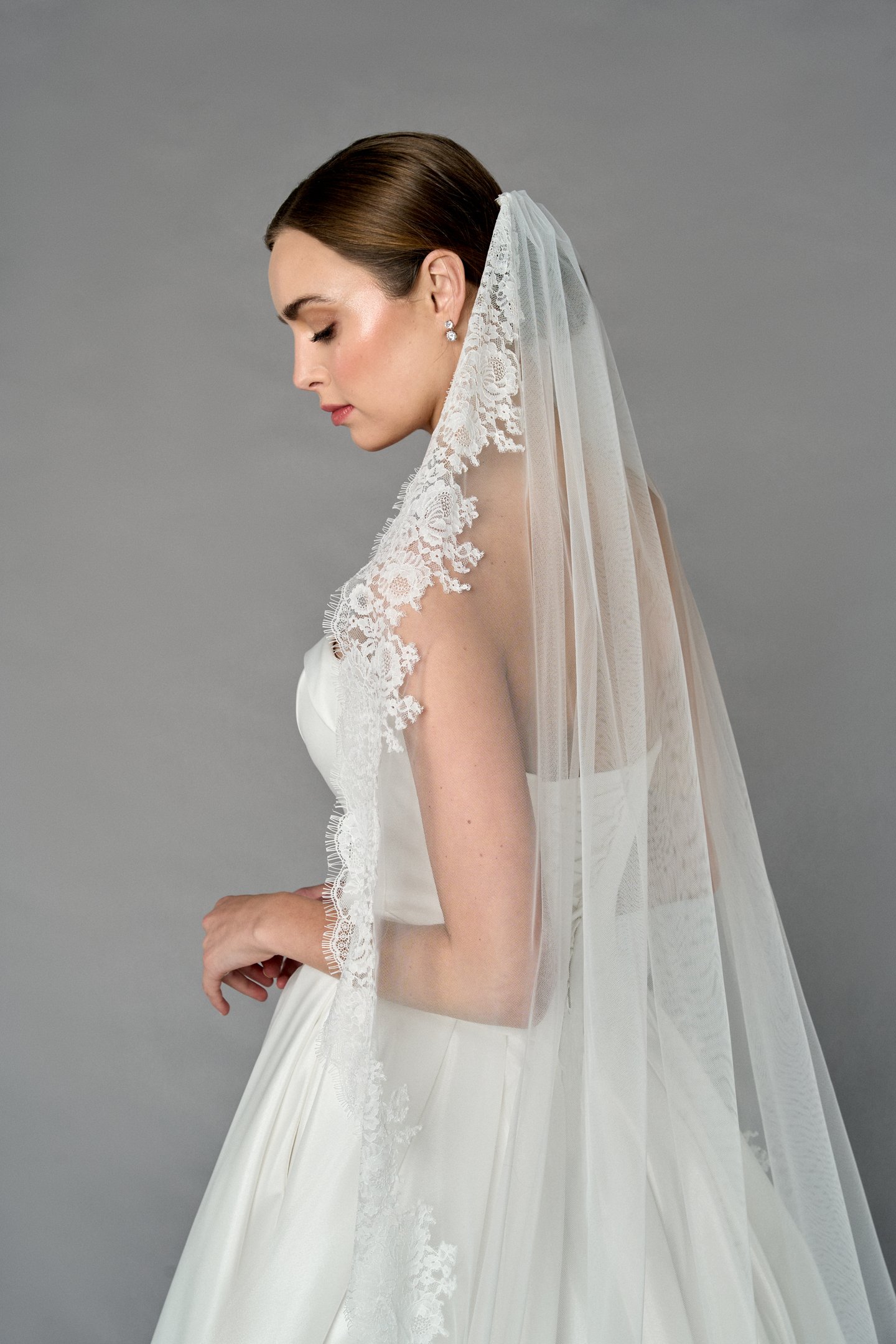 Thanks & Goodluck Style TG1110L060 Waltz Length Tulle Veil with Chantilly Lace Edge and Eyelash Trim