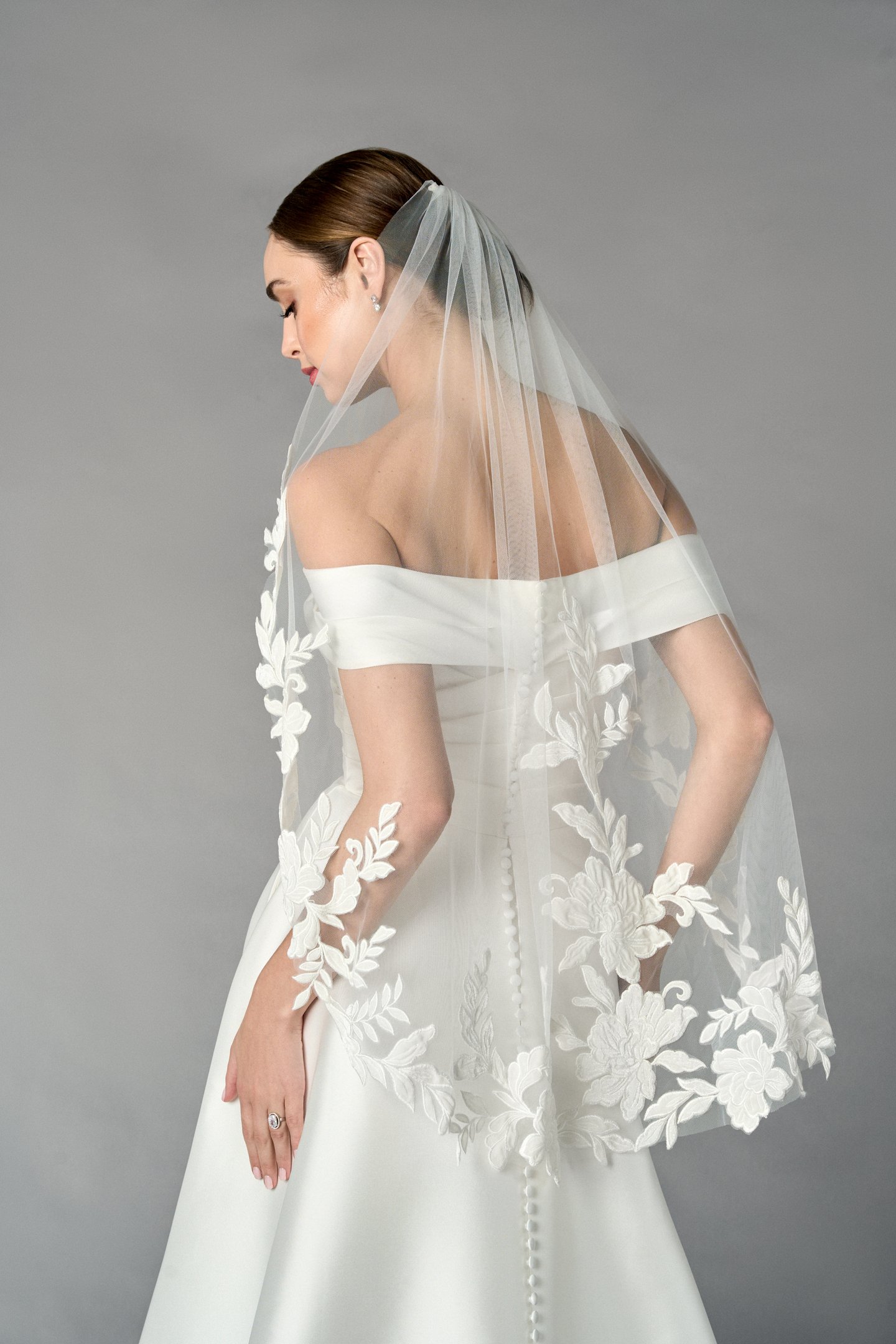 Thanks & Goodluck Style TG1111L037 Fingertip Length Tulle Veil with Black Velvet Lace Appliqués