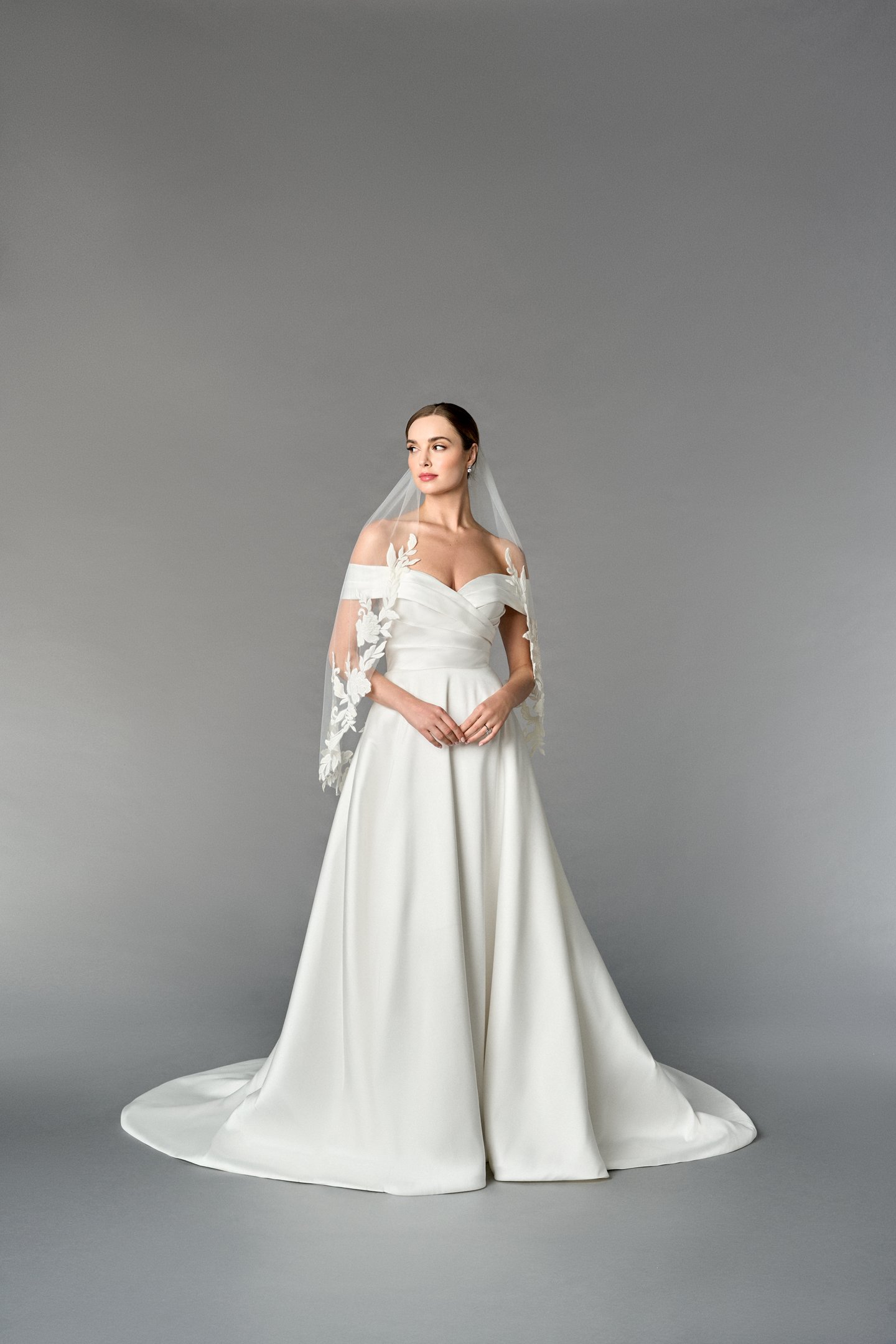 Thanks & Goodluck Style TG1111L037 Fingertip Length Tulle Veil with Black Velvet Lace Appliqués