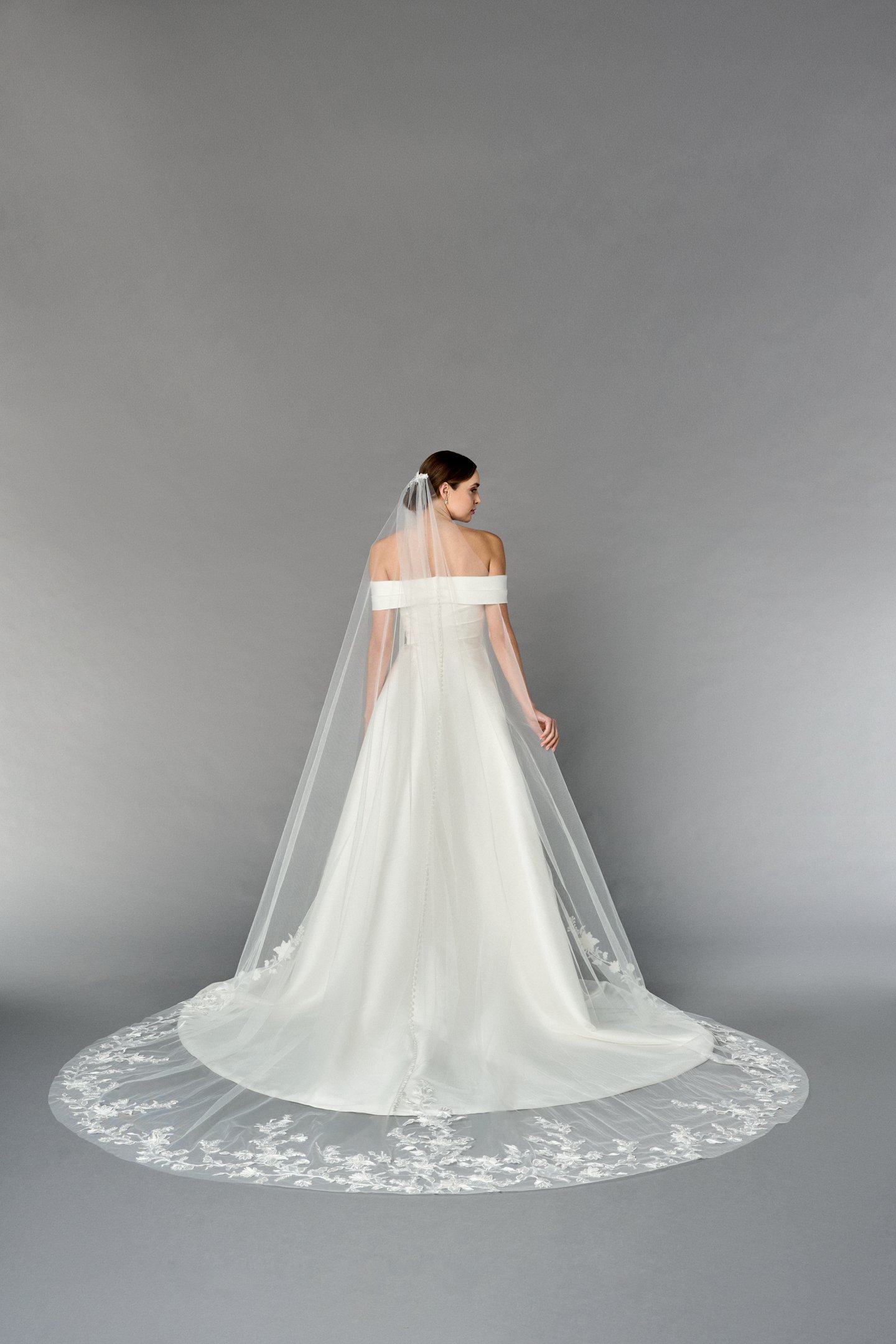 Thanks & Goodluck Style TG1113L110 Cathedral Veil with Leafy Floral and 3D Matte Lace Appliqués