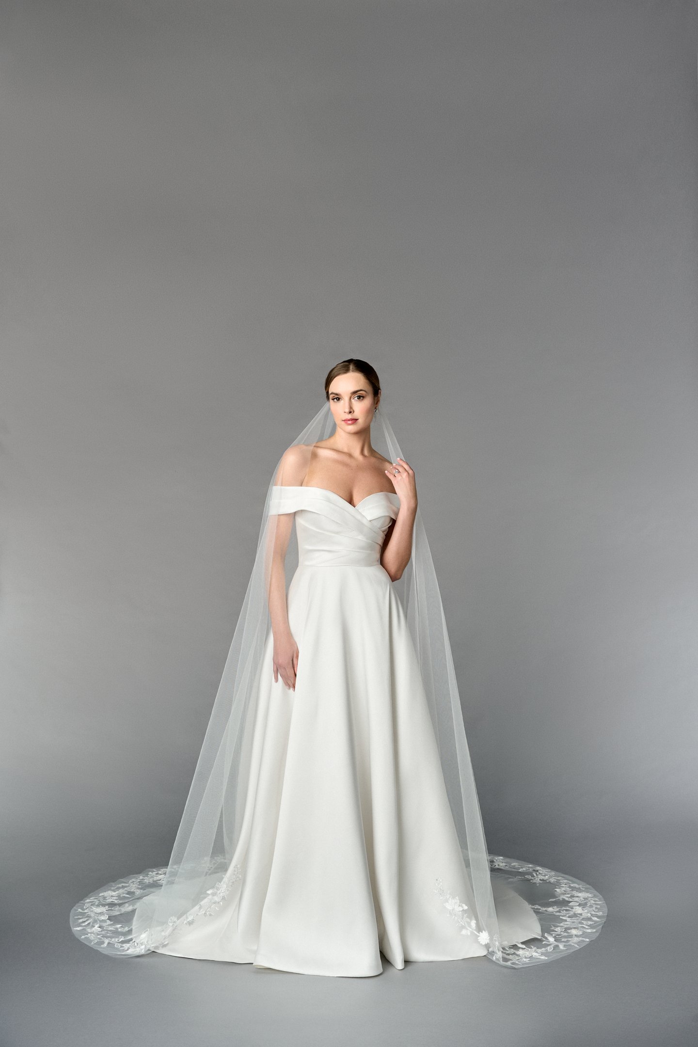 Thanks & Goodluck Style TG1113L110 Cathedral Veil with Leafy Floral and 3D Matte Lace Appliqués