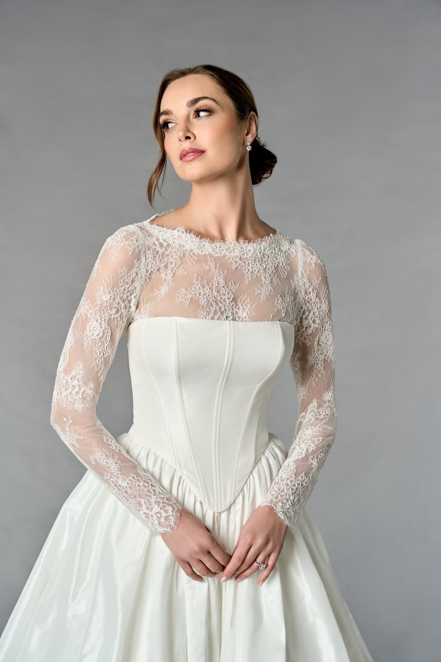 Thanks & Goodluck Style TG1117 Illusion Alençon Lace Bodysuit with Sabrina Neck & Long Sleeves